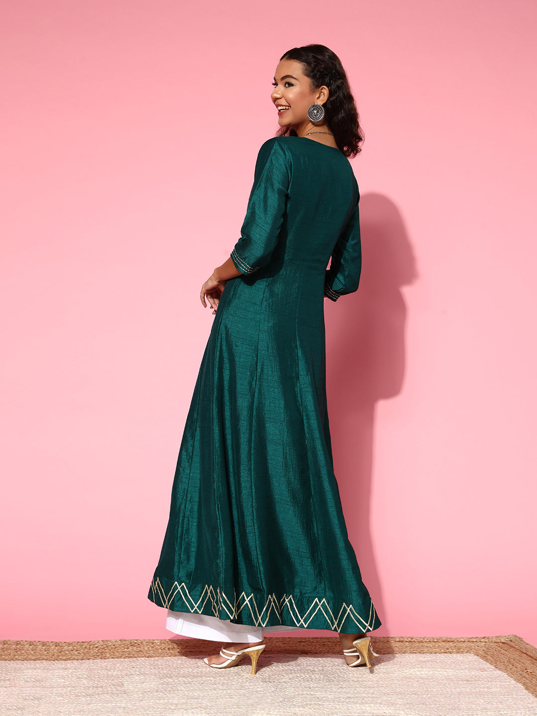 Bottle Green Silk Embroidered Long Anarkali Kurta