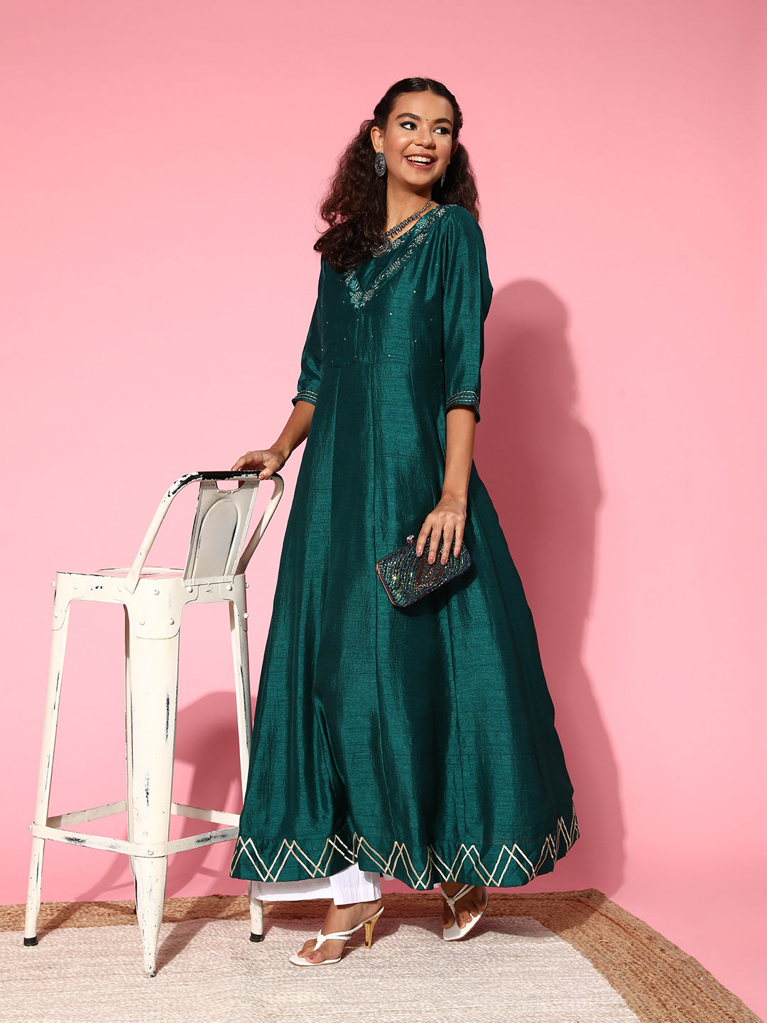 Bottle Green Silk Embroidered Long Anarkali Kurta