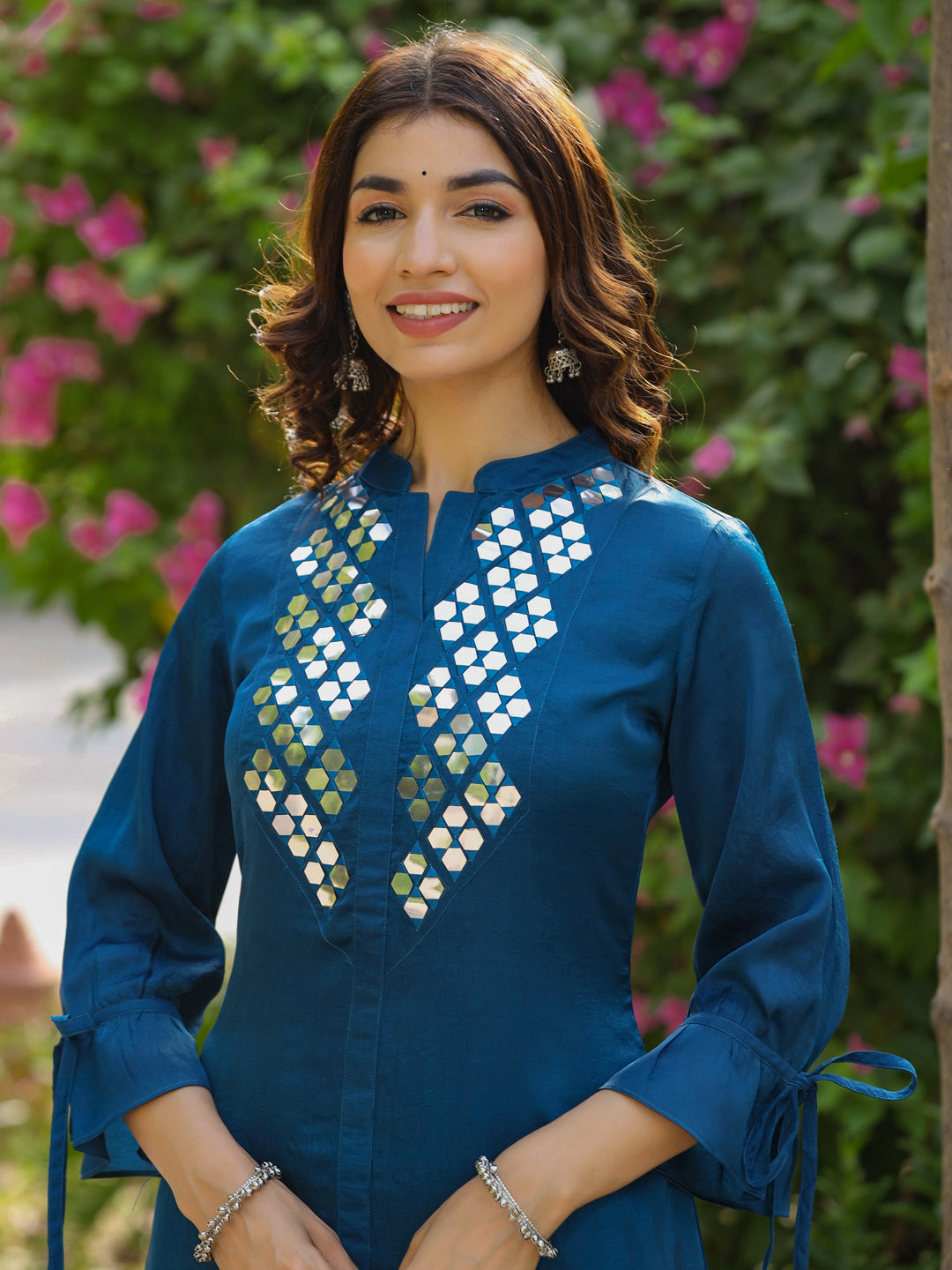 Teal A-Line High-Low Mirror Work Silk Kurta