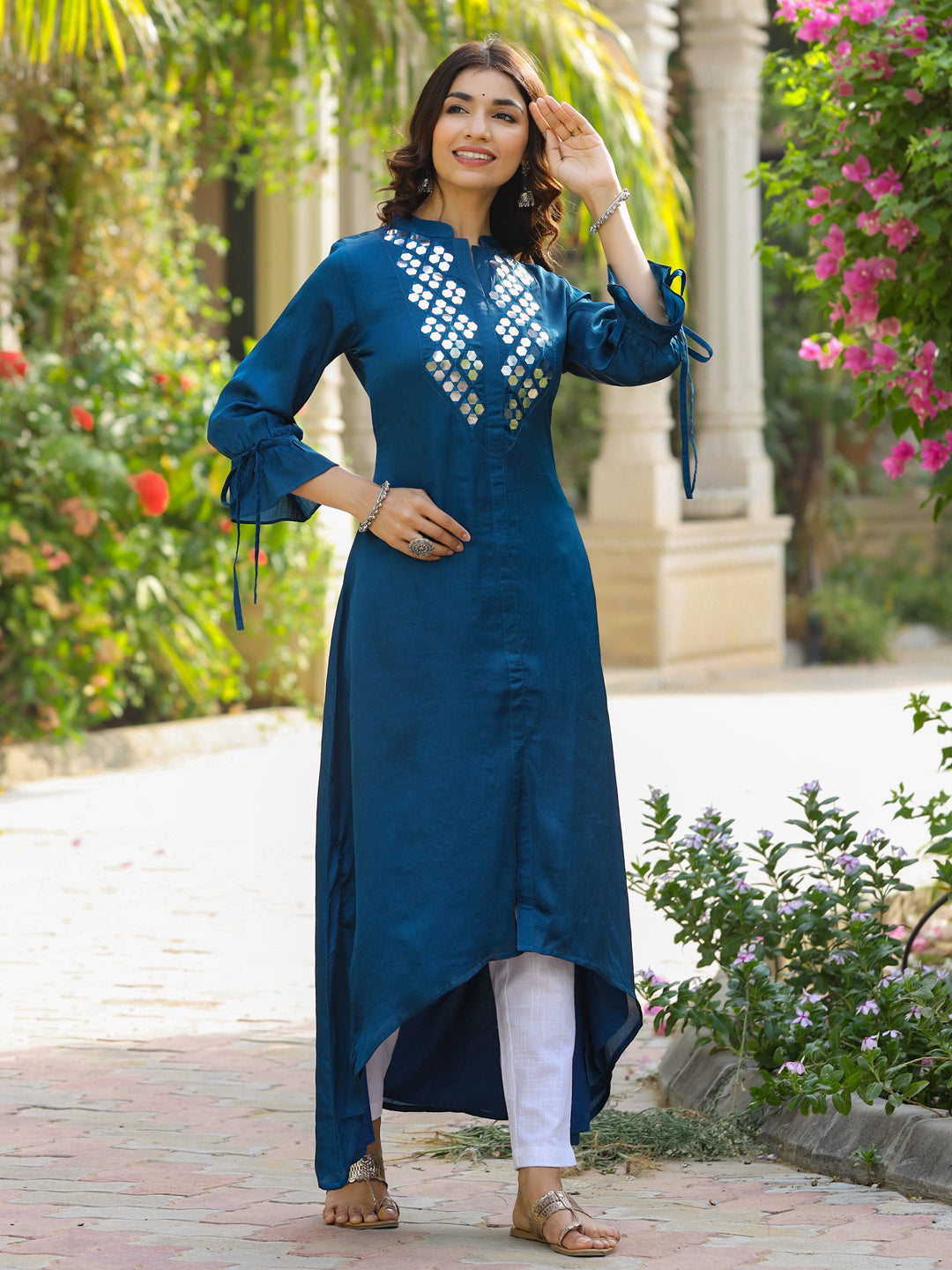 Teal A-Line High-Low Mirror Work Silk Kurta