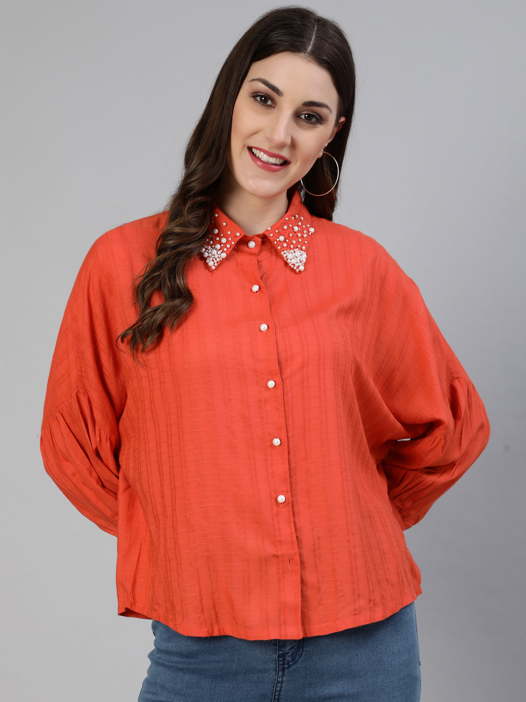 Orange Self Weave Rayon Puffed Sleeves Pearl Embellished Shirt