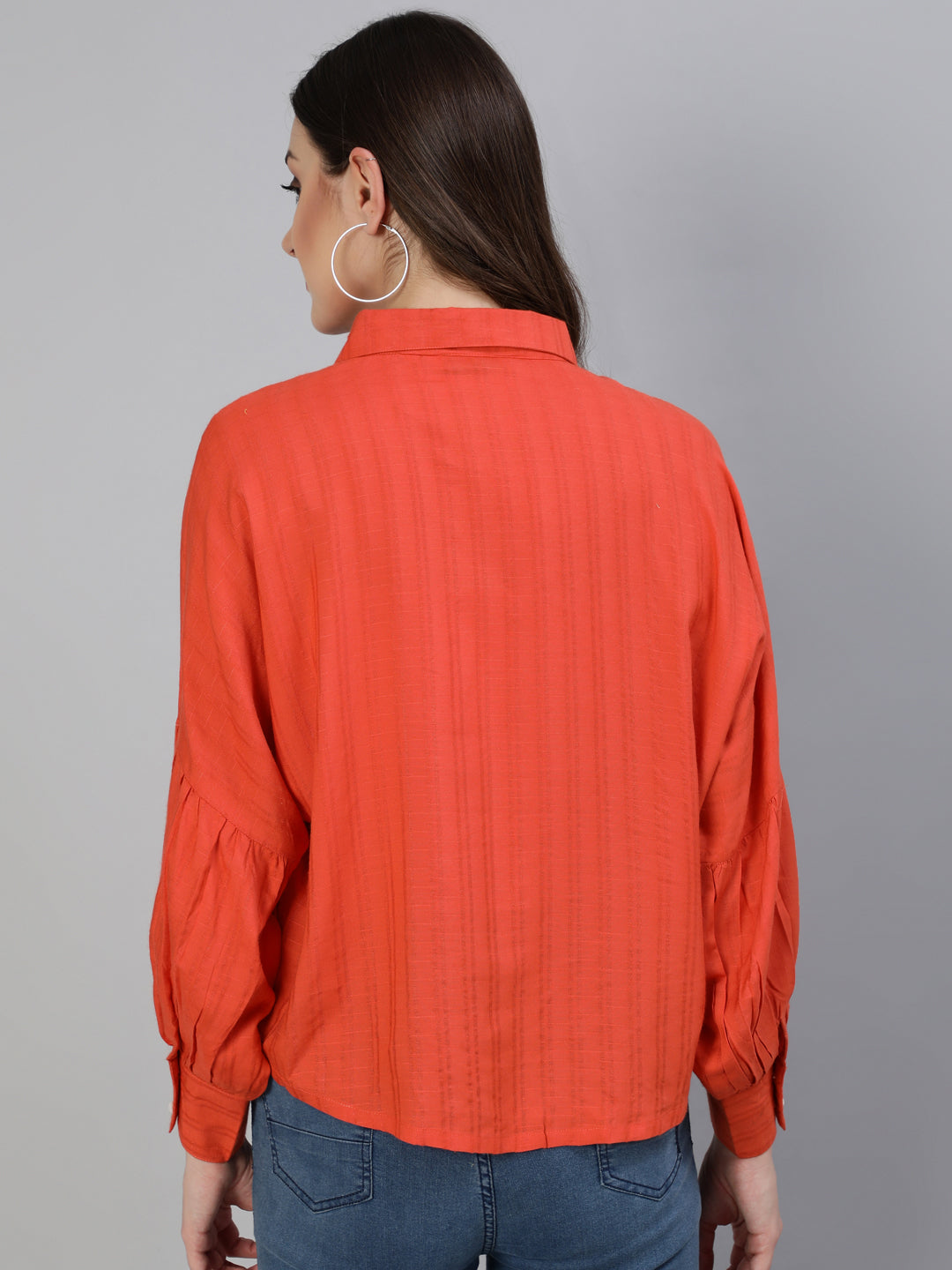 Orange Self Weave Rayon Puffed Sleeves Pearl Embellished Shirt