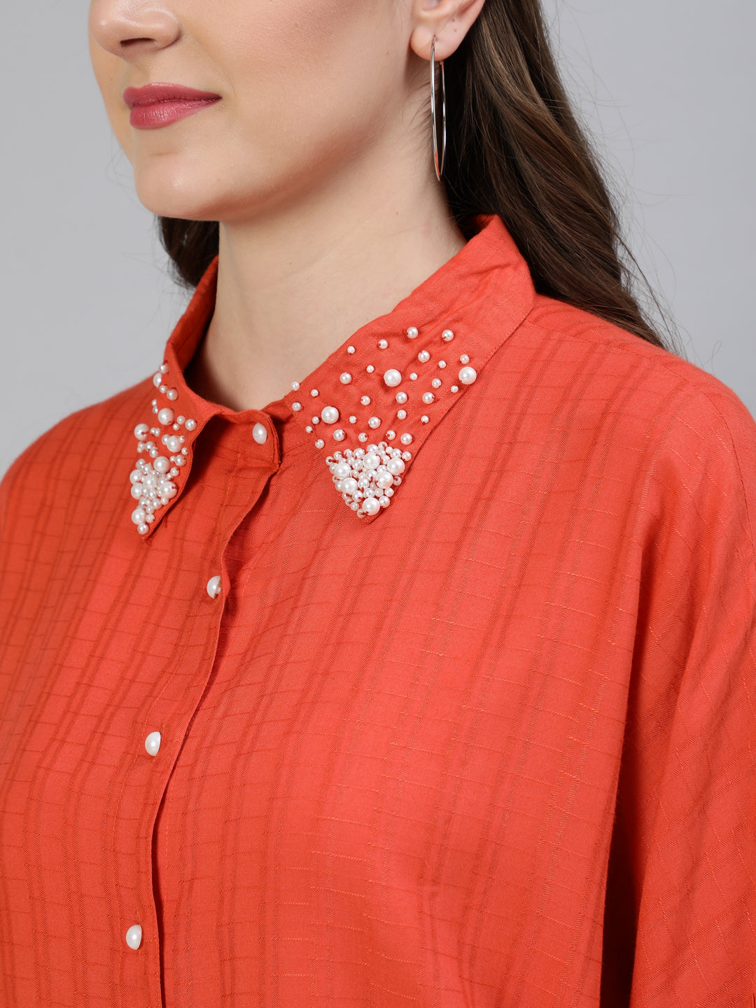 Orange Self Weave Rayon Puffed Sleeves Pearl Embellished Shirt