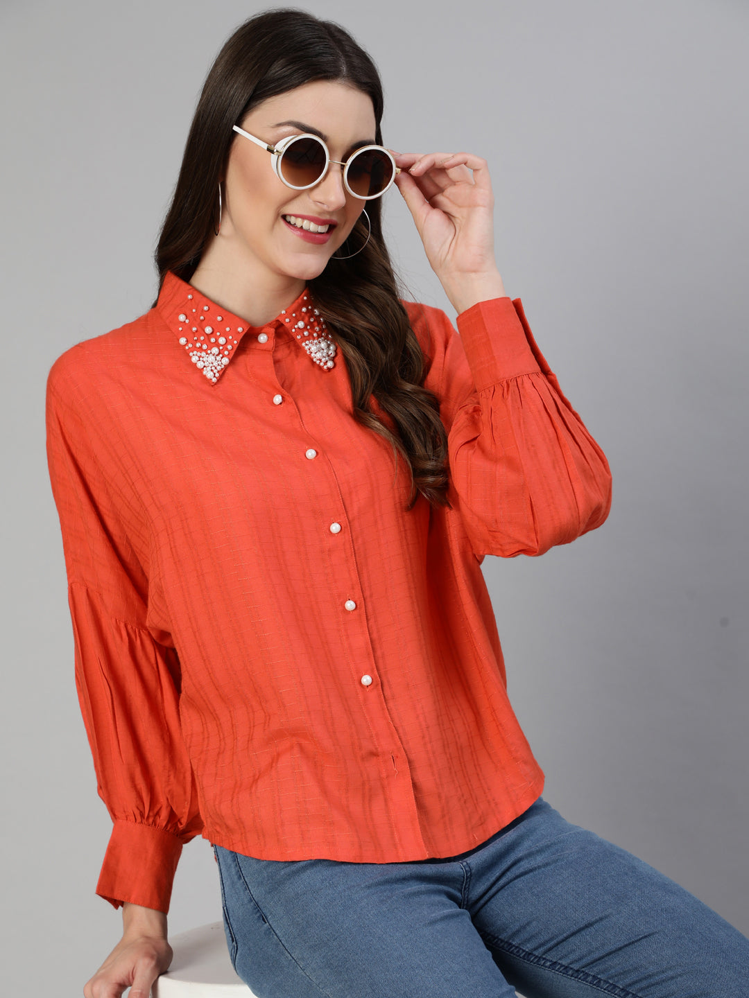 Orange Self Weave Rayon Puffed Sleeves Pearl Embellished Shirt