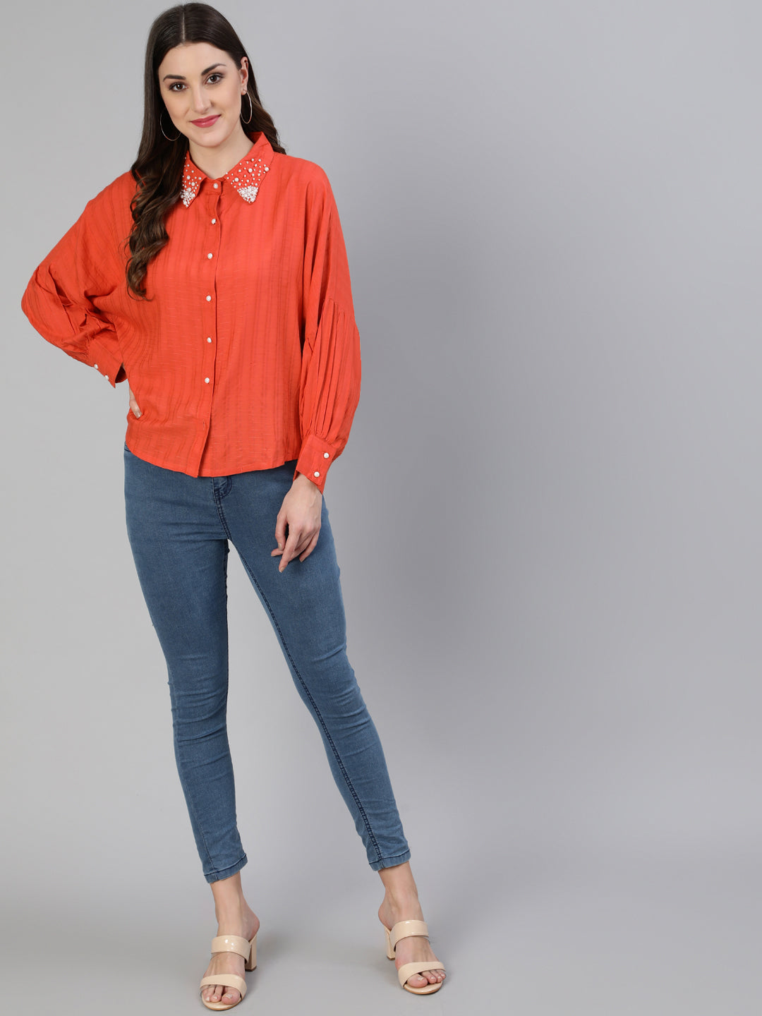 Orange Self Weave Rayon Puffed Sleeves Pearl Embellished Shirt