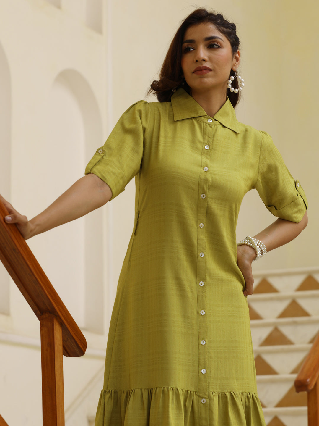 Green Self Weave Rayon Shirt Dress With Belt