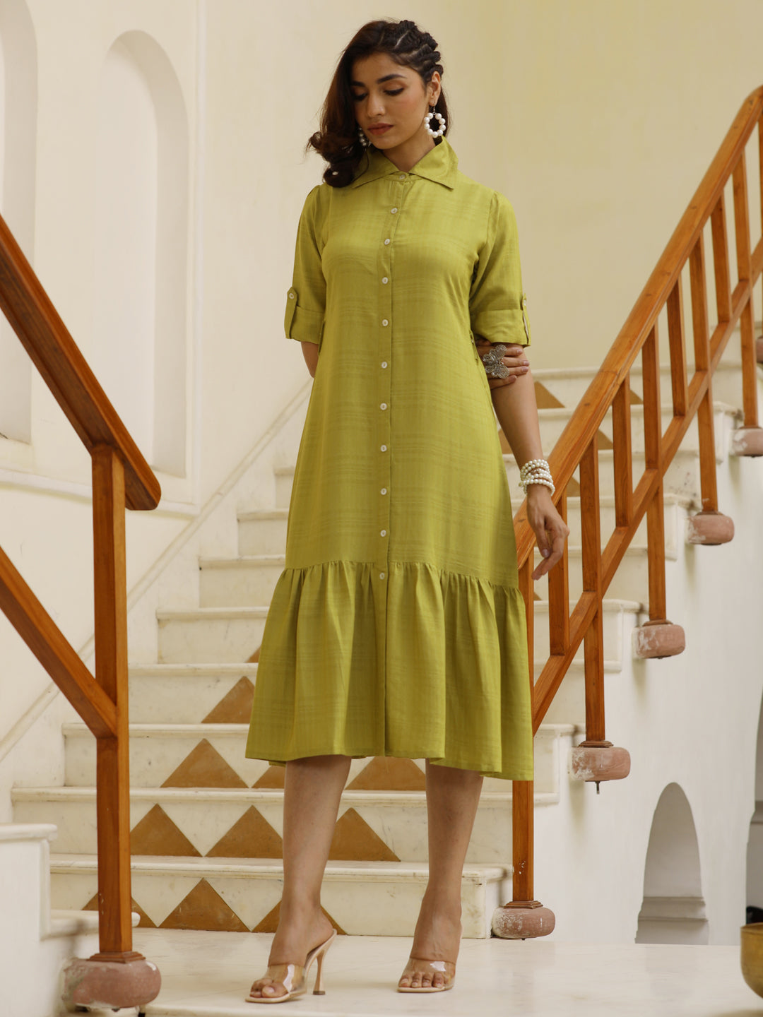 Green Self Weave Rayon Shirt Dress With Belt