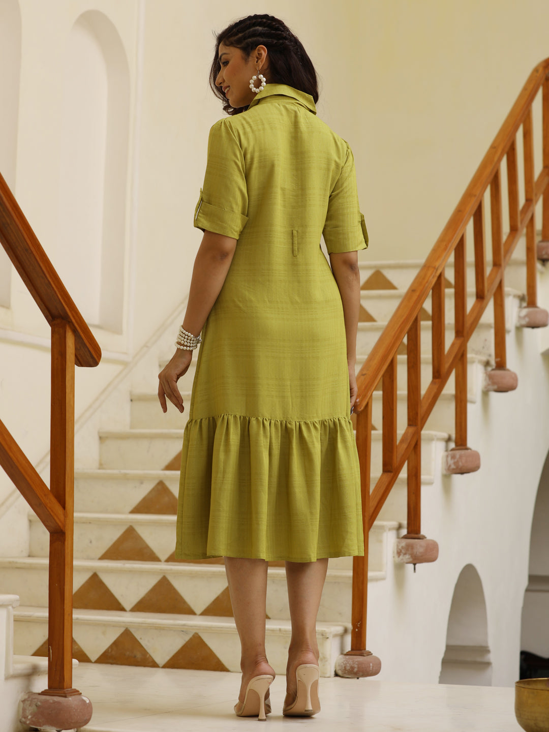 Green Self Weave Rayon Shirt Dress With Belt