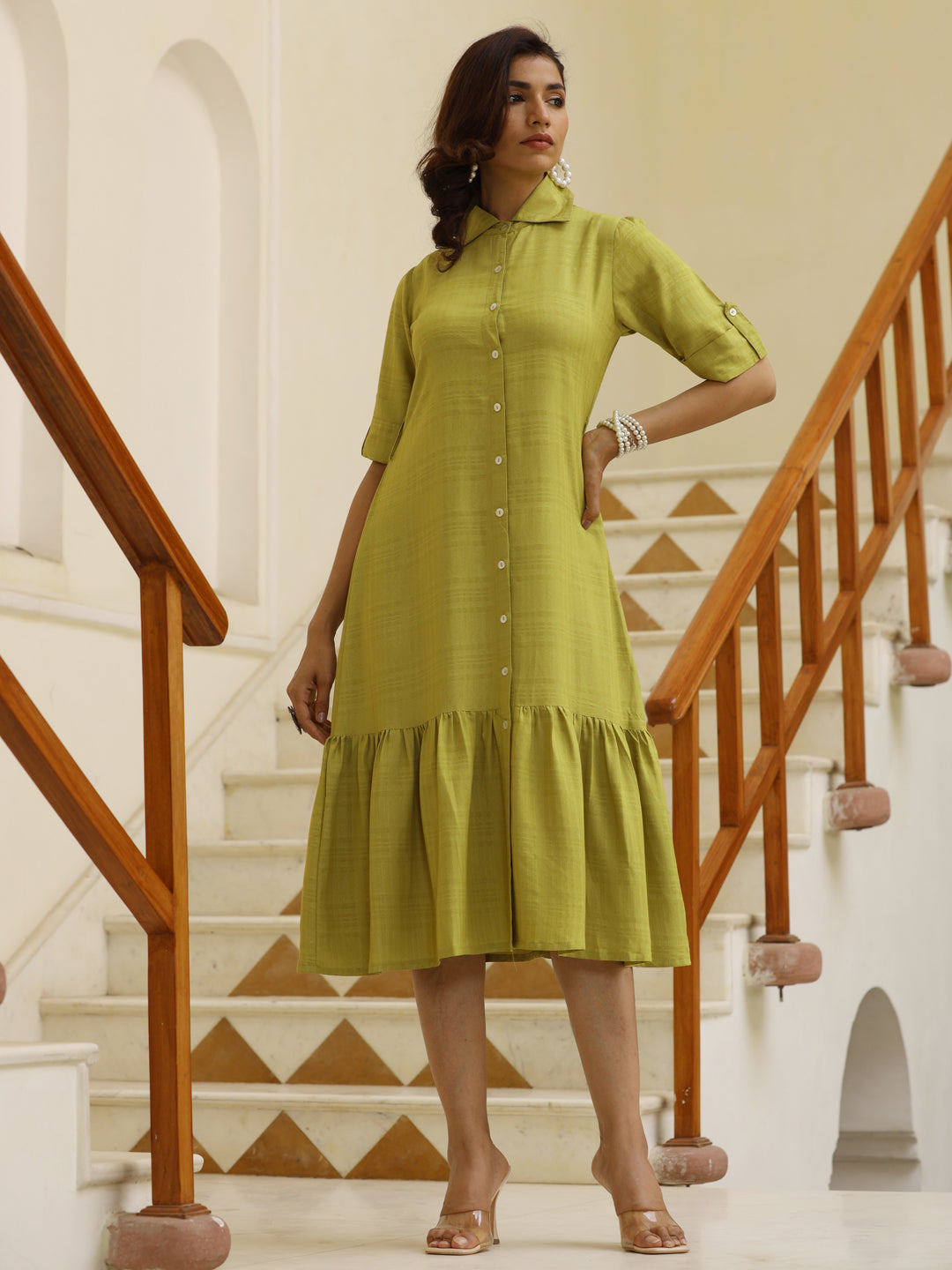 Green Self Weave Rayon Shirt Dress With Belt