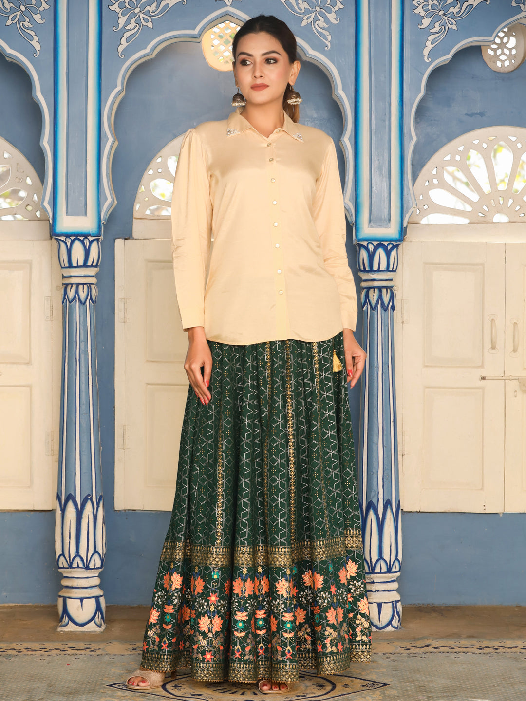 Silk Blend Beige Embellished Shirt