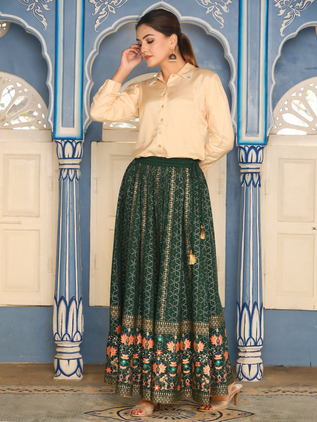 Silk Blend Beige Embellished Shirt