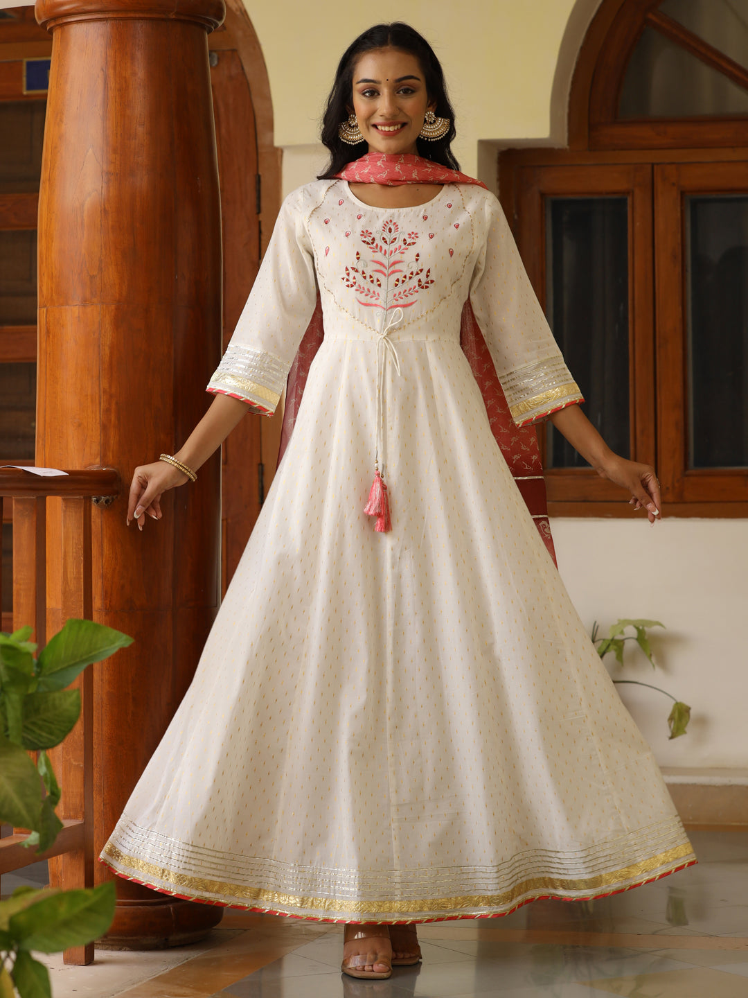 White Lurex Cotton Embroidered Anarkali & Printed Kota Doria Dupatta