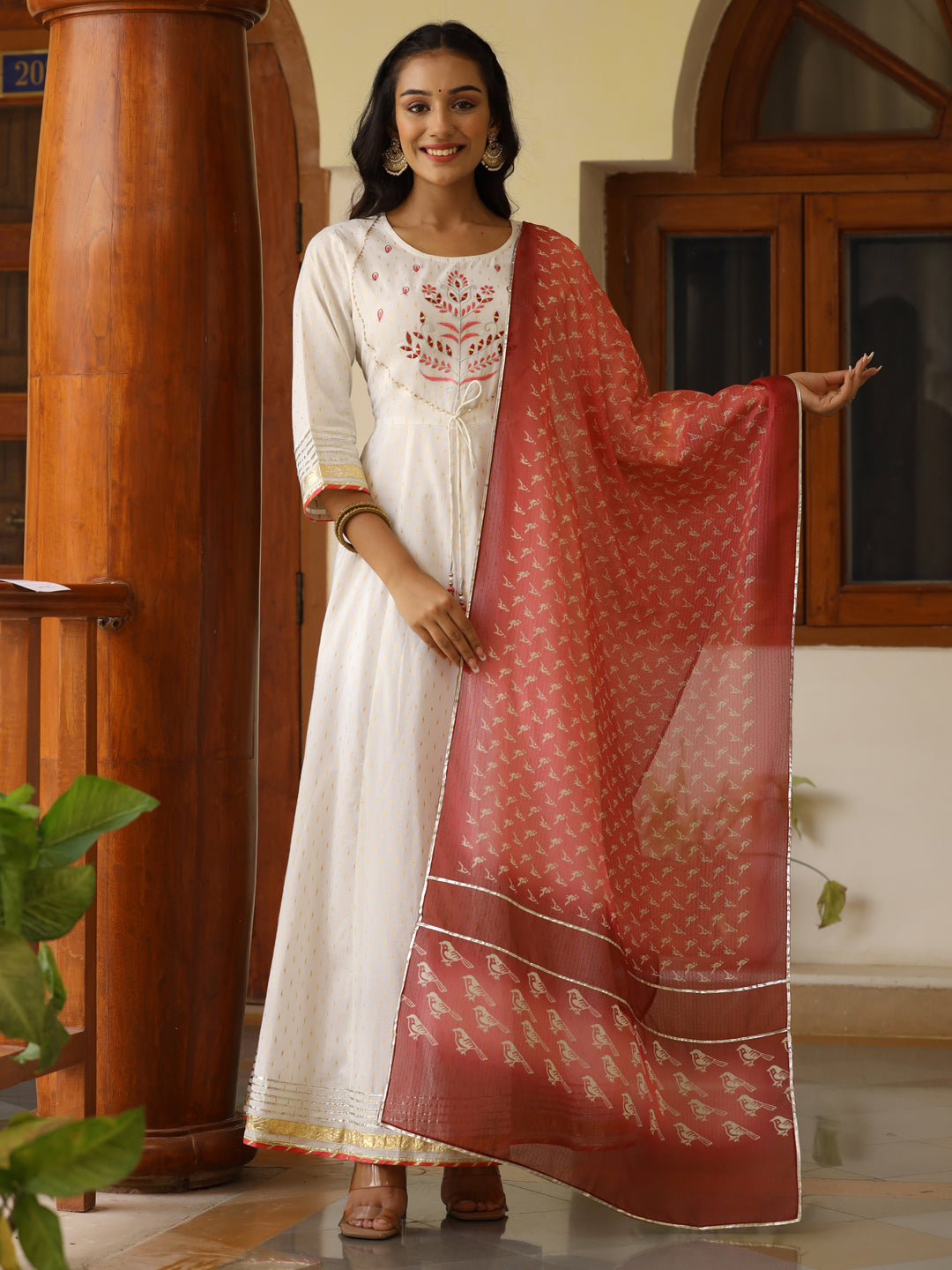 White Lurex Cotton Embroidered Anarkali & Printed Kota Doria Dupatta