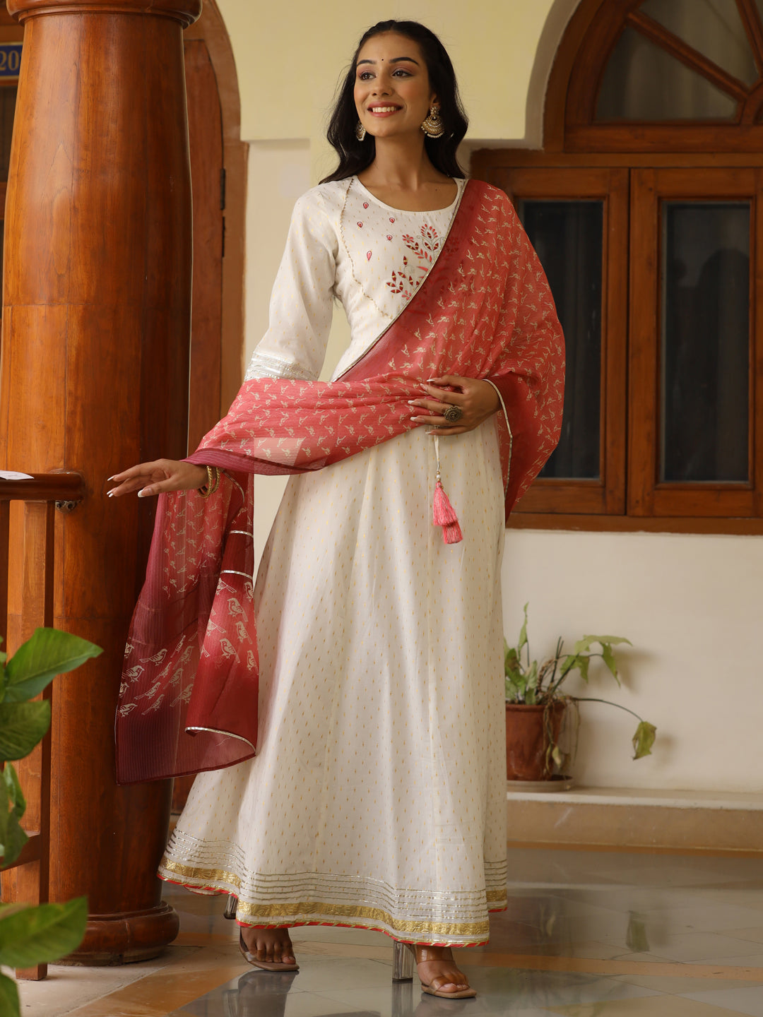 White Lurex Cotton Embroidered Anarkali & Printed Kota Doria Dupatta