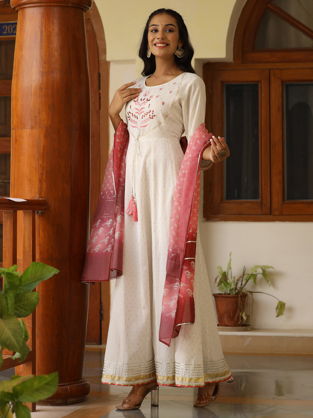 White Lurex Cotton Embroidered Anarkali & Printed Kota Doria Dupatta