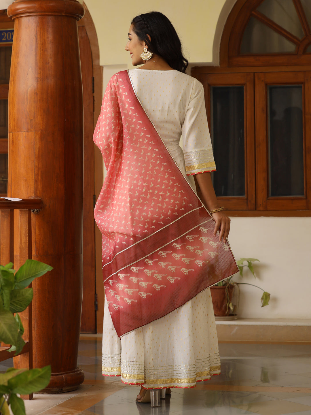 White Lurex Cotton Embroidered Anarkali & Printed Kota Doria Dupatta