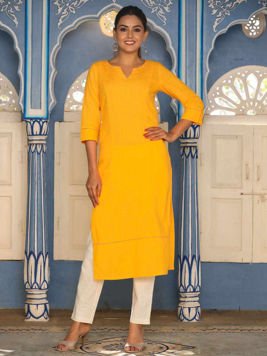 Mustard Cotton Pin Tucks Straight Kurta