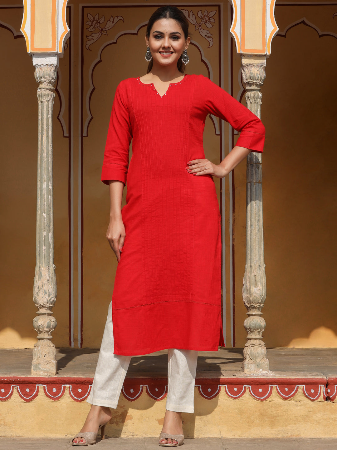 Red Cotton Pin Tucks Straight Kurta
