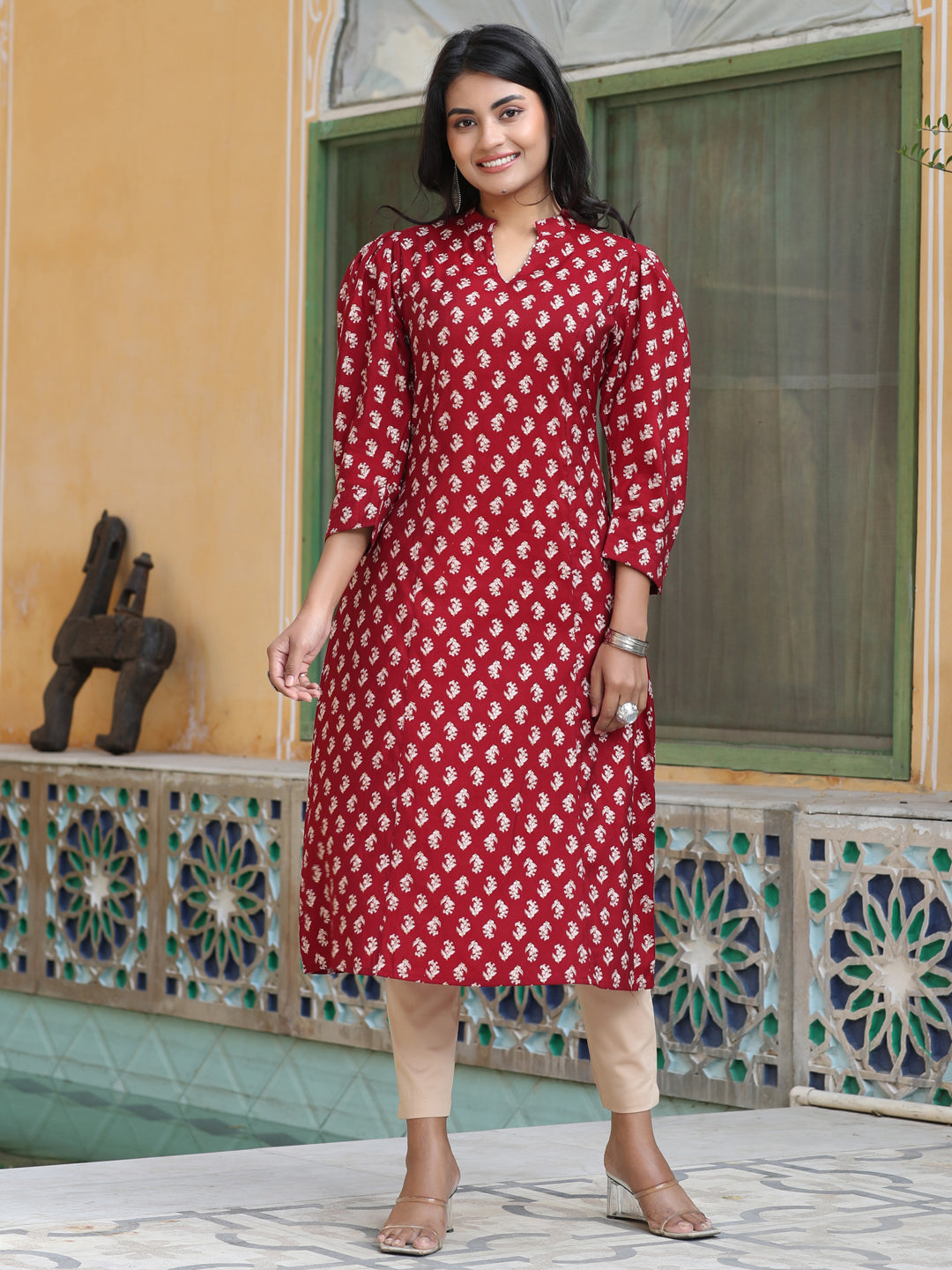 Red Chanderi Printed Kurta