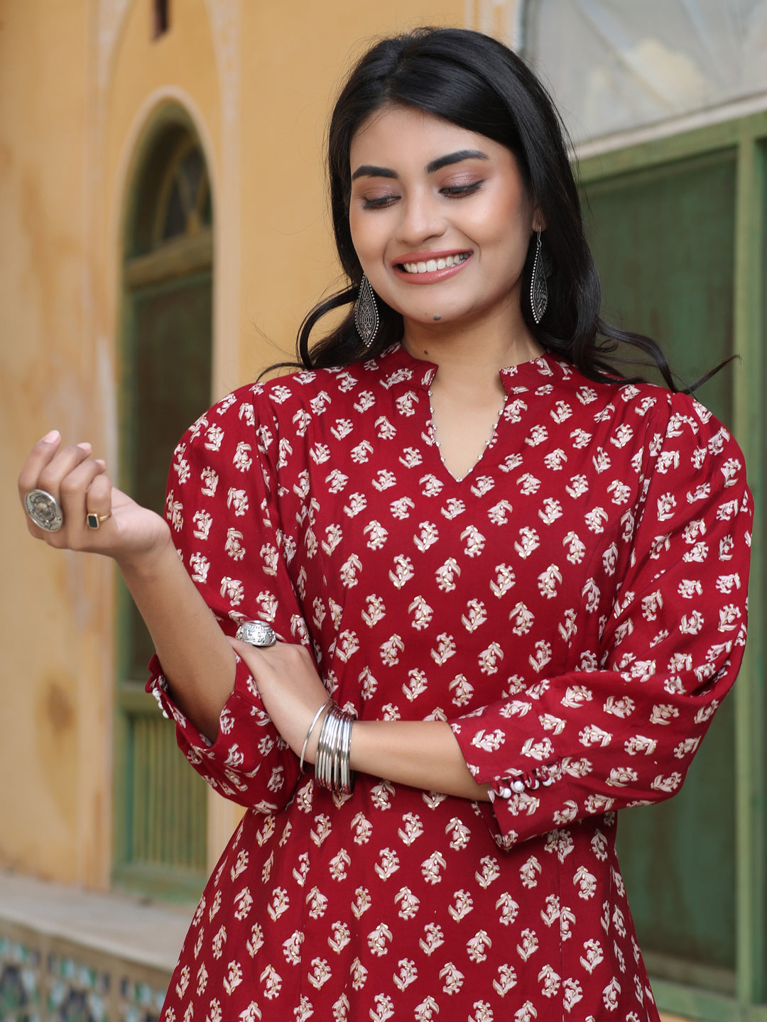 Red Plain printed A line kurta