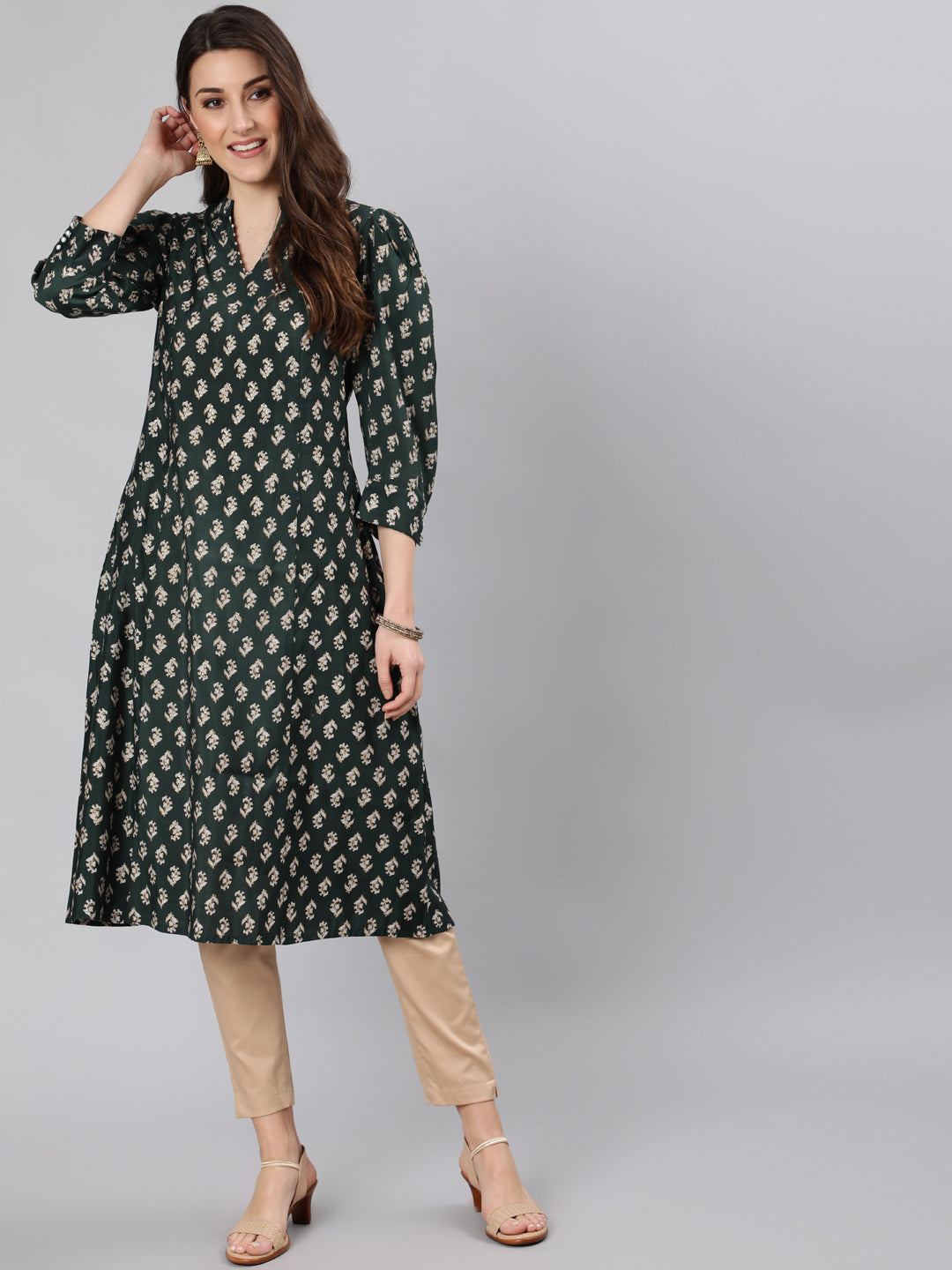 Green Chanderi Gold Print Kurta