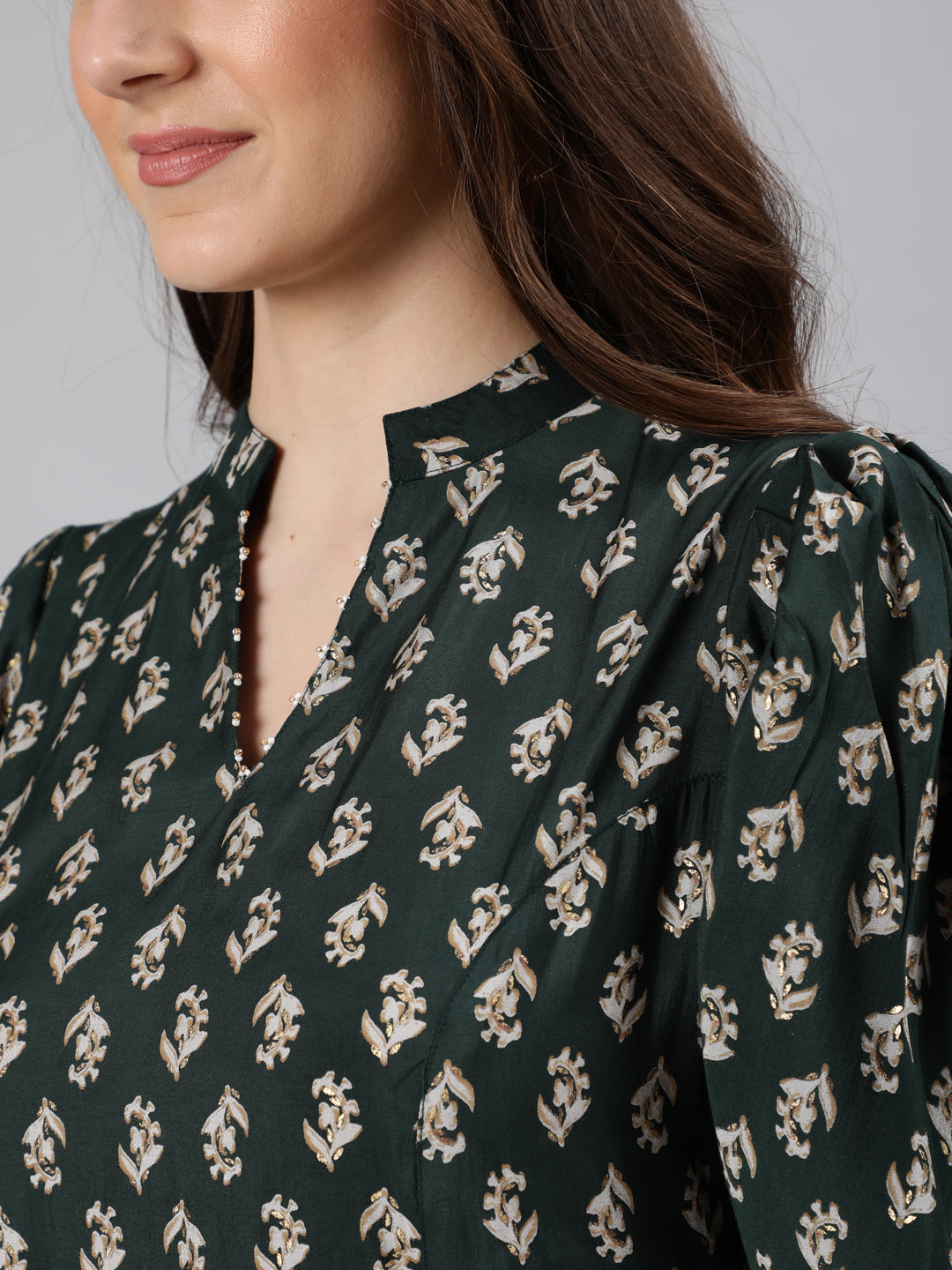 Printed Green color v neck kurta at best price