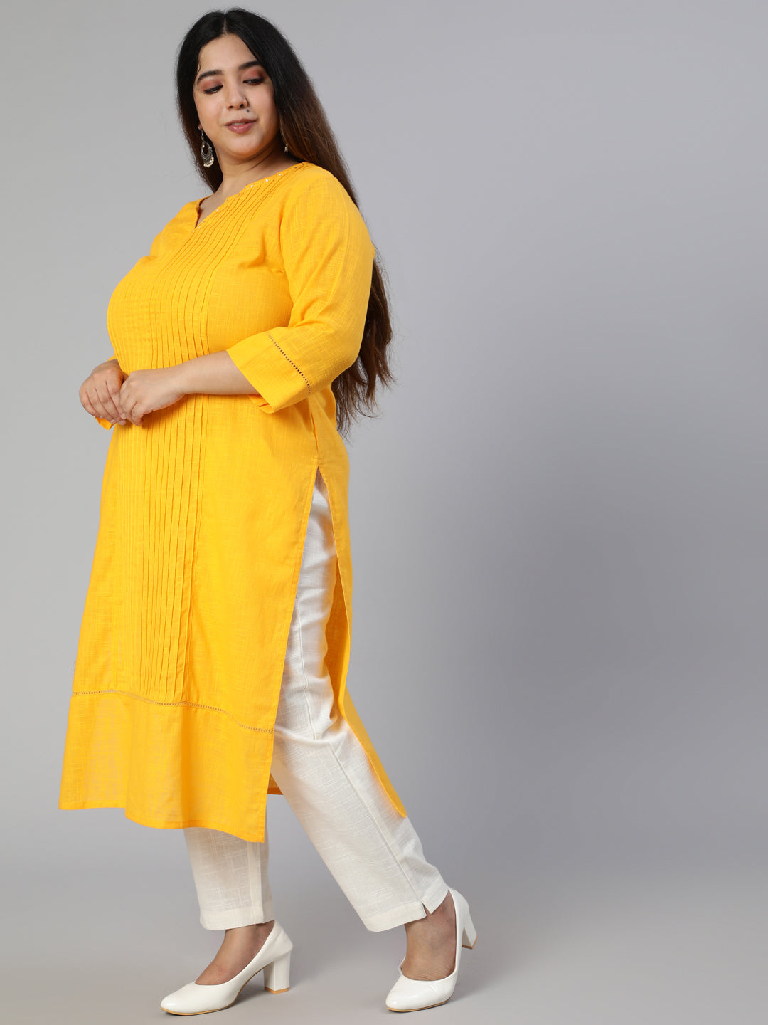 Mustard Cotton Pin Tucks Straight Kurta