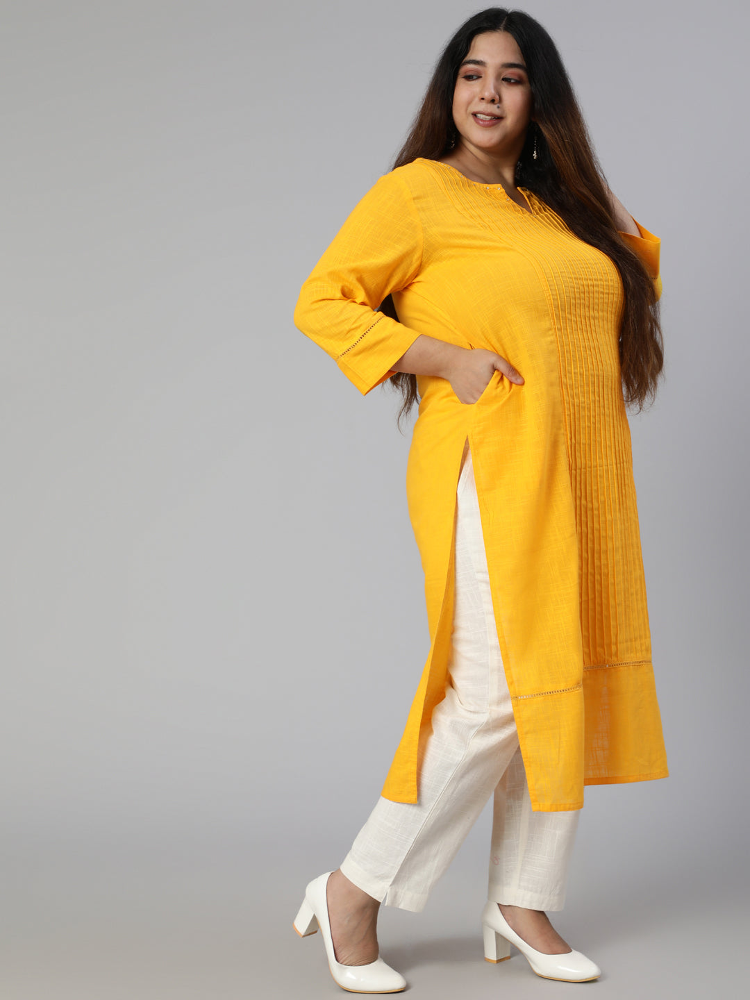 Mustard Cotton Pin Tucks Straight Kurta