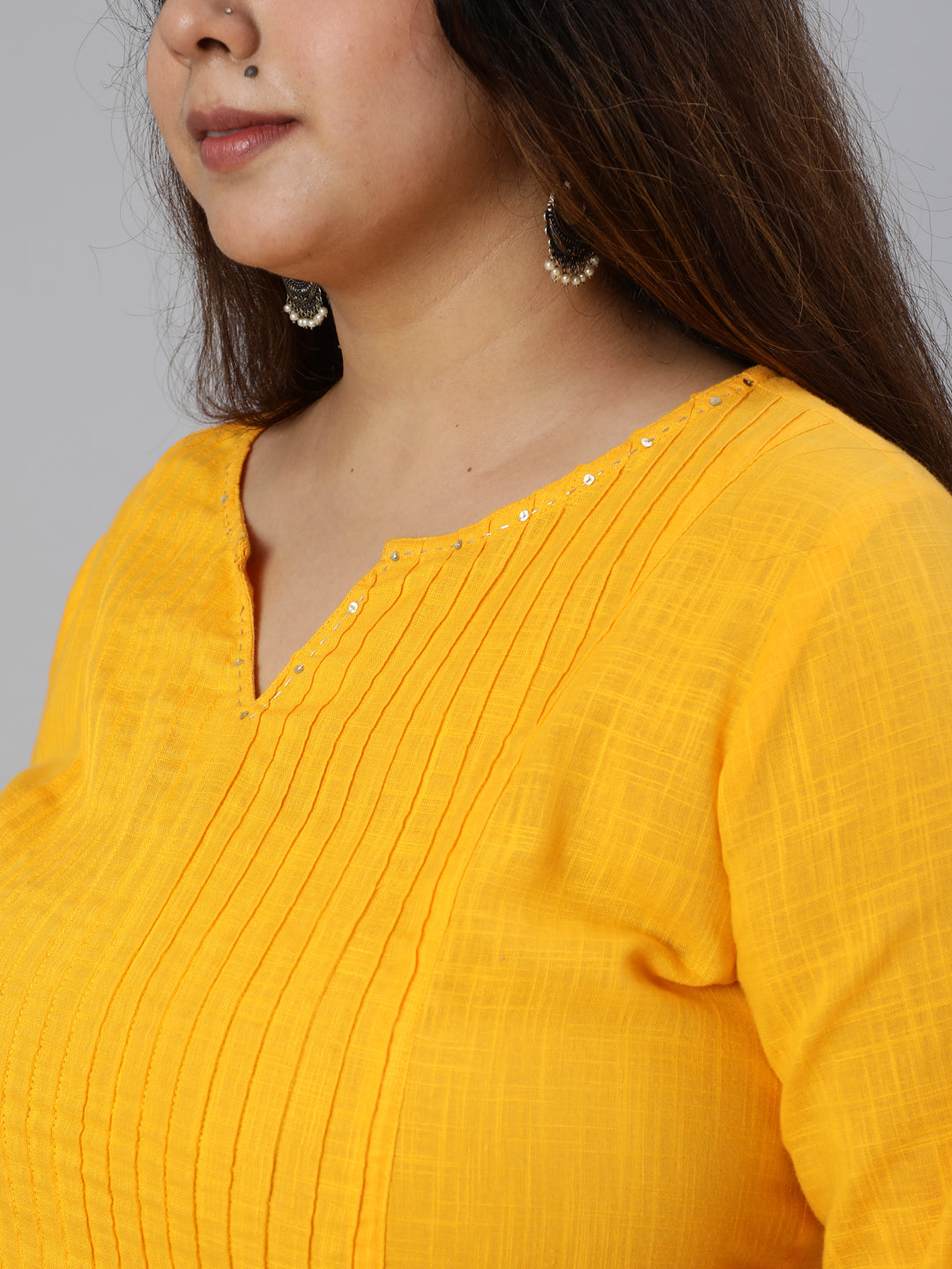 Mustard Cotton Pin Tucks Straight Kurta