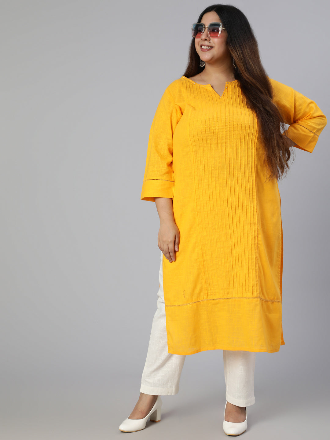 Mustard Cotton Pin Tucks Straight Kurta