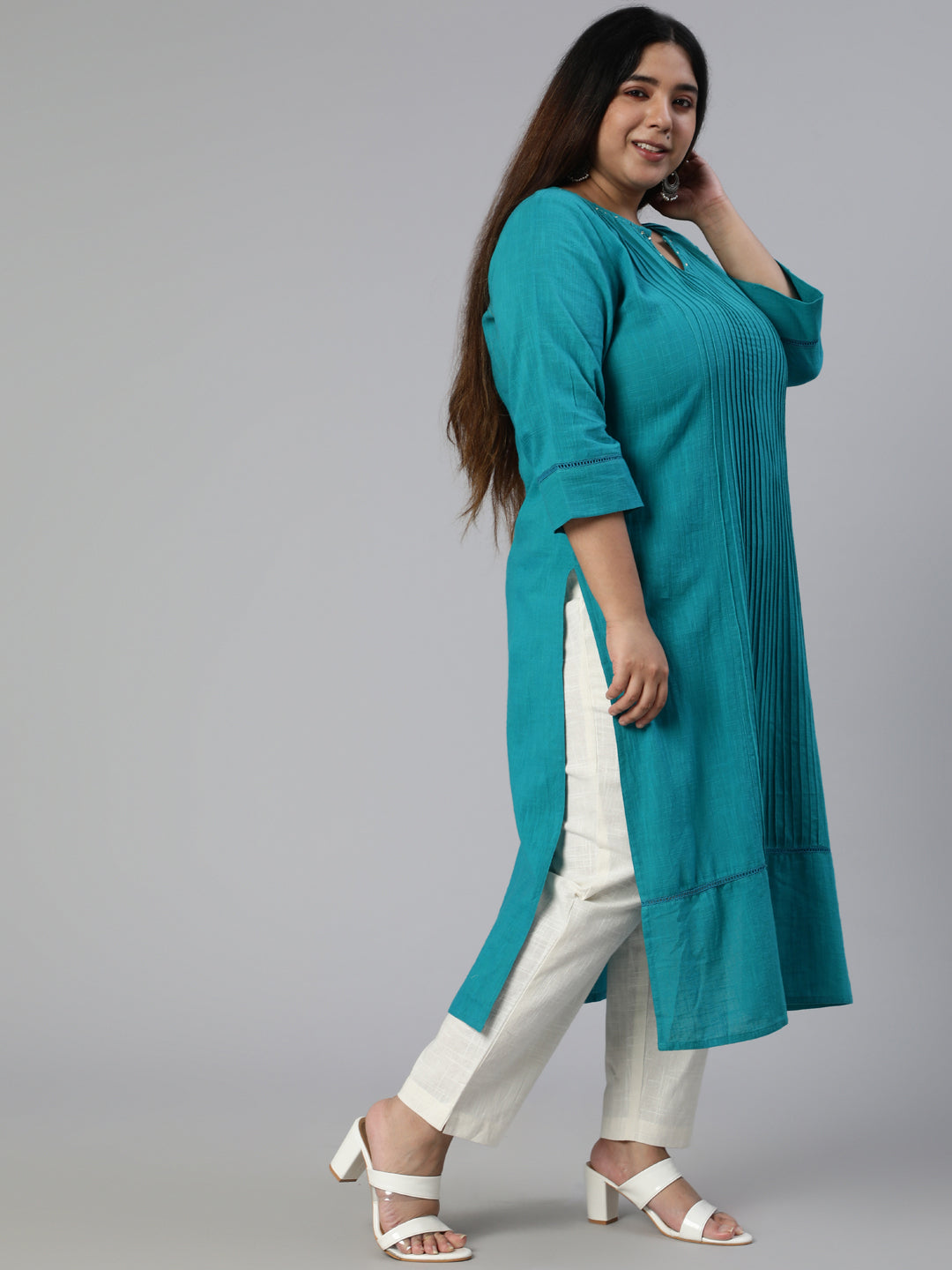 Teal Cotton Pin Tucks Straight Kurta