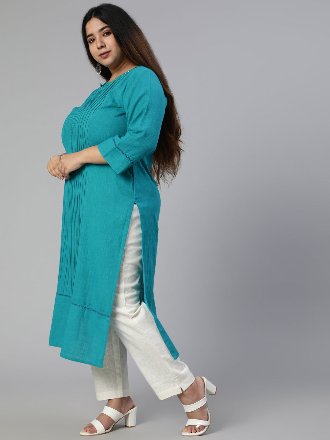 Teal Cotton Pin Tucks Straight Kurta