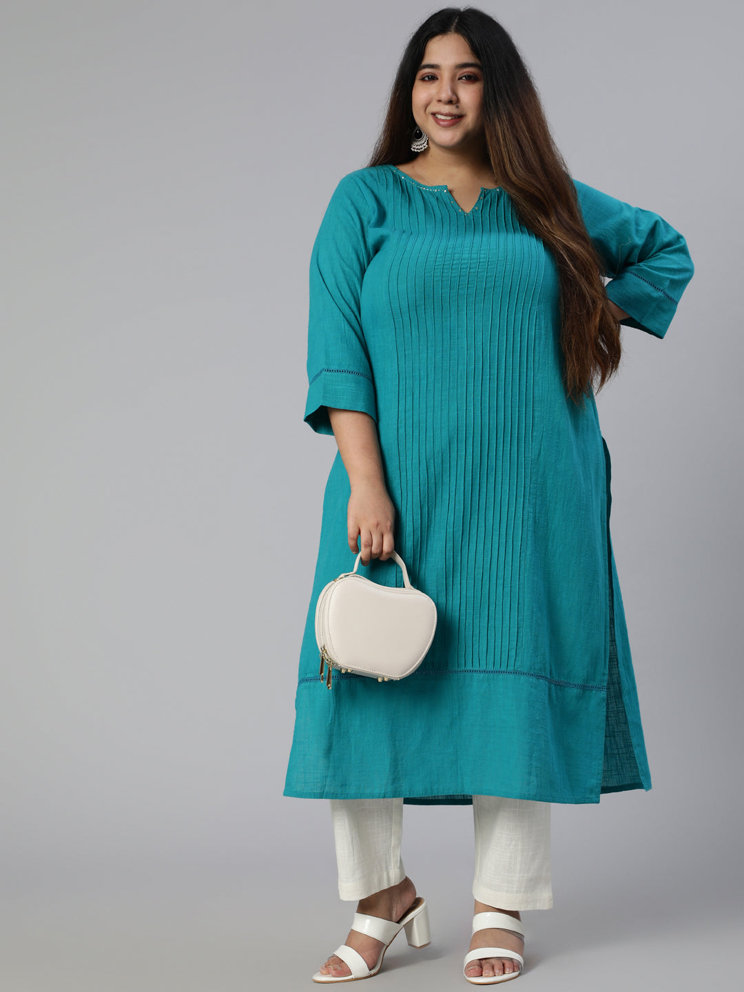 Teal Cotton Pin Tucks Straight Kurta