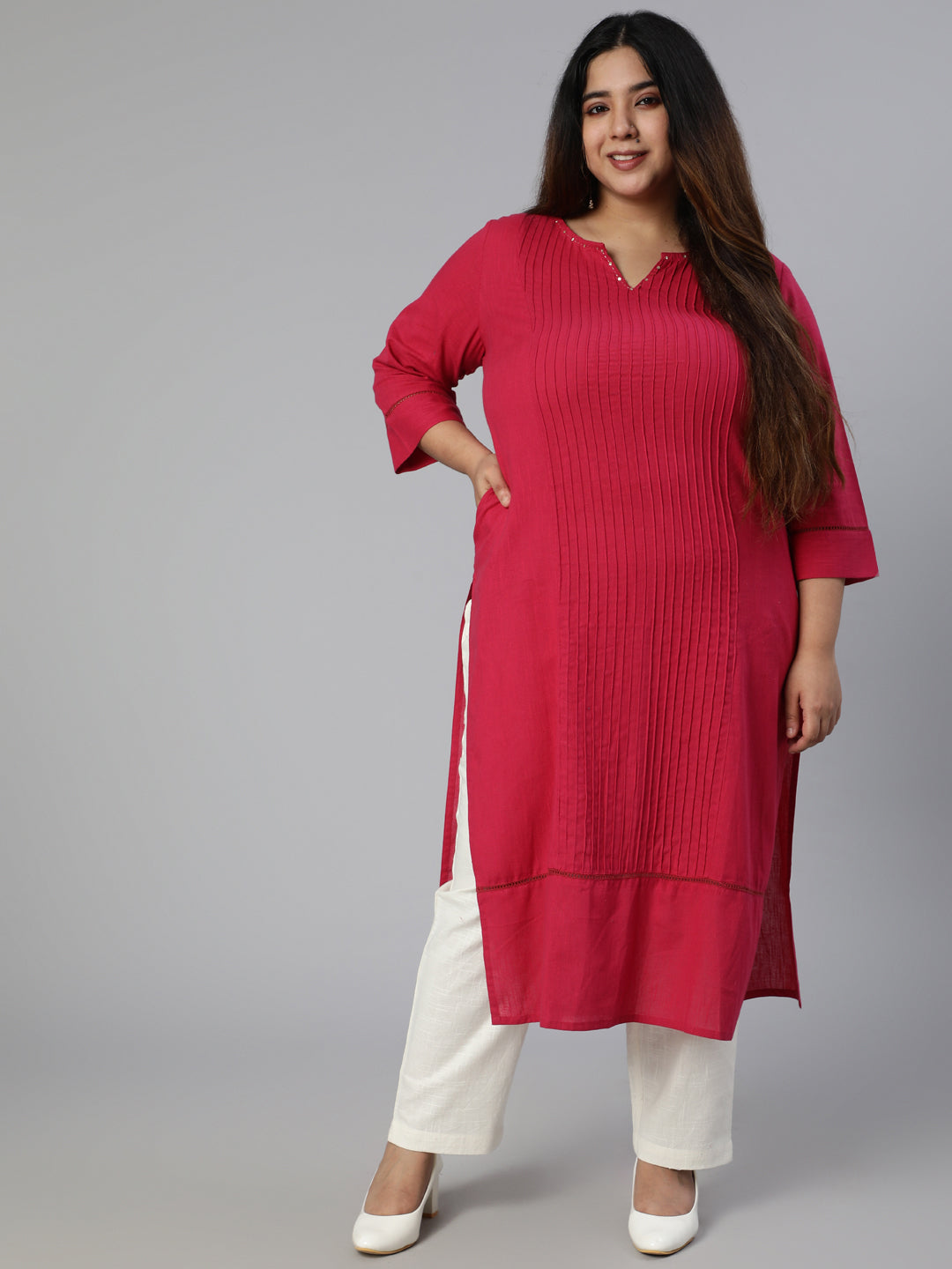 Pink Cotton Pin Tucks Straight Kurta