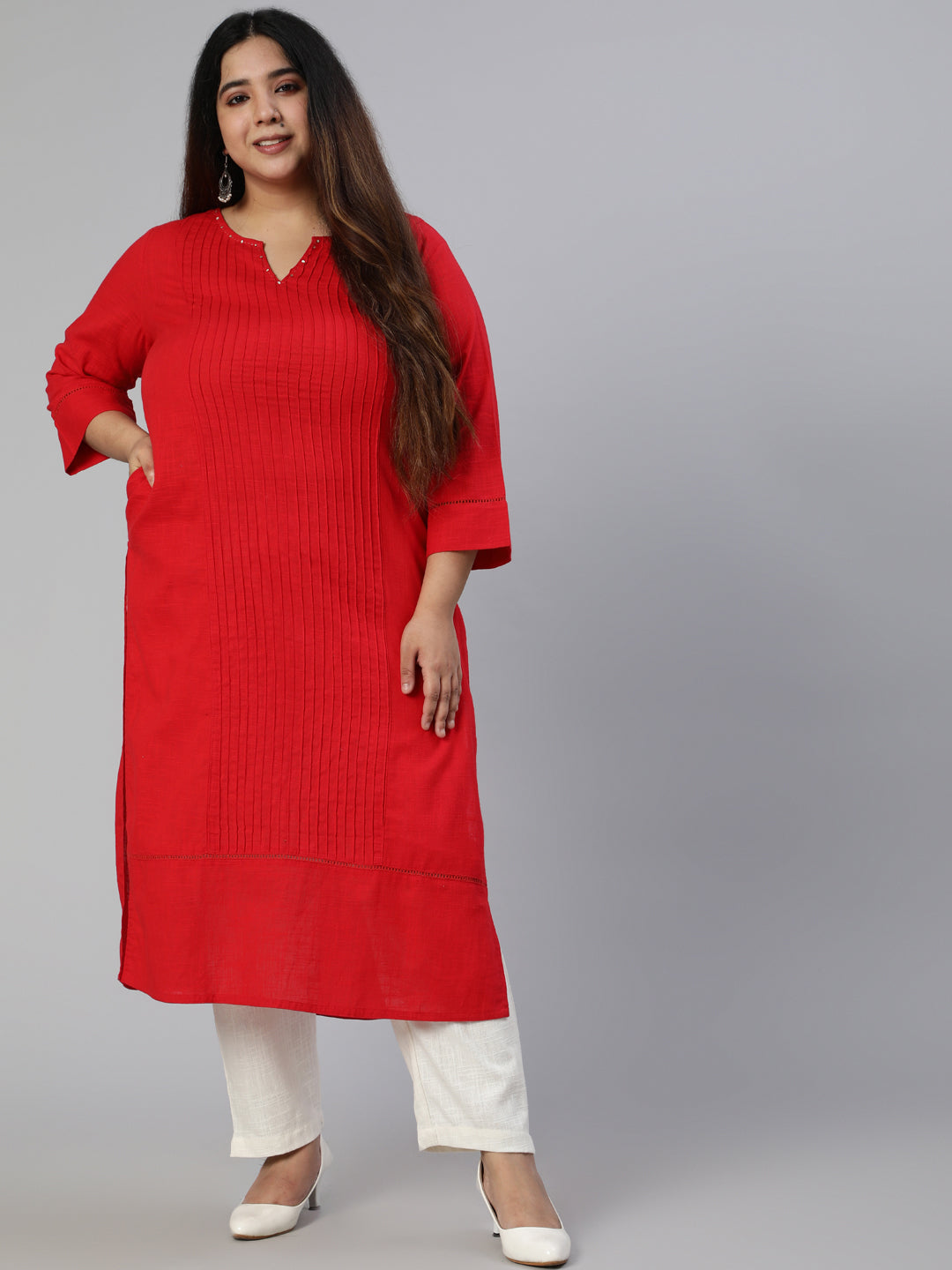 Red Cotton Pin Tucks Straight Kurta