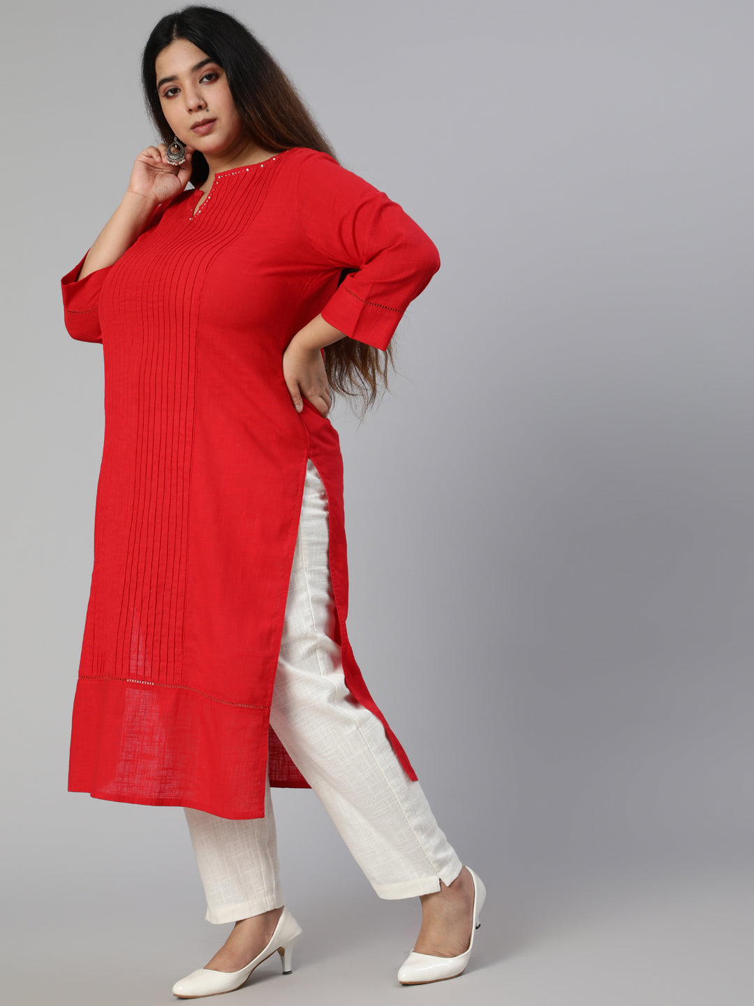 Red Cotton Pin Tucks Straight Kurta