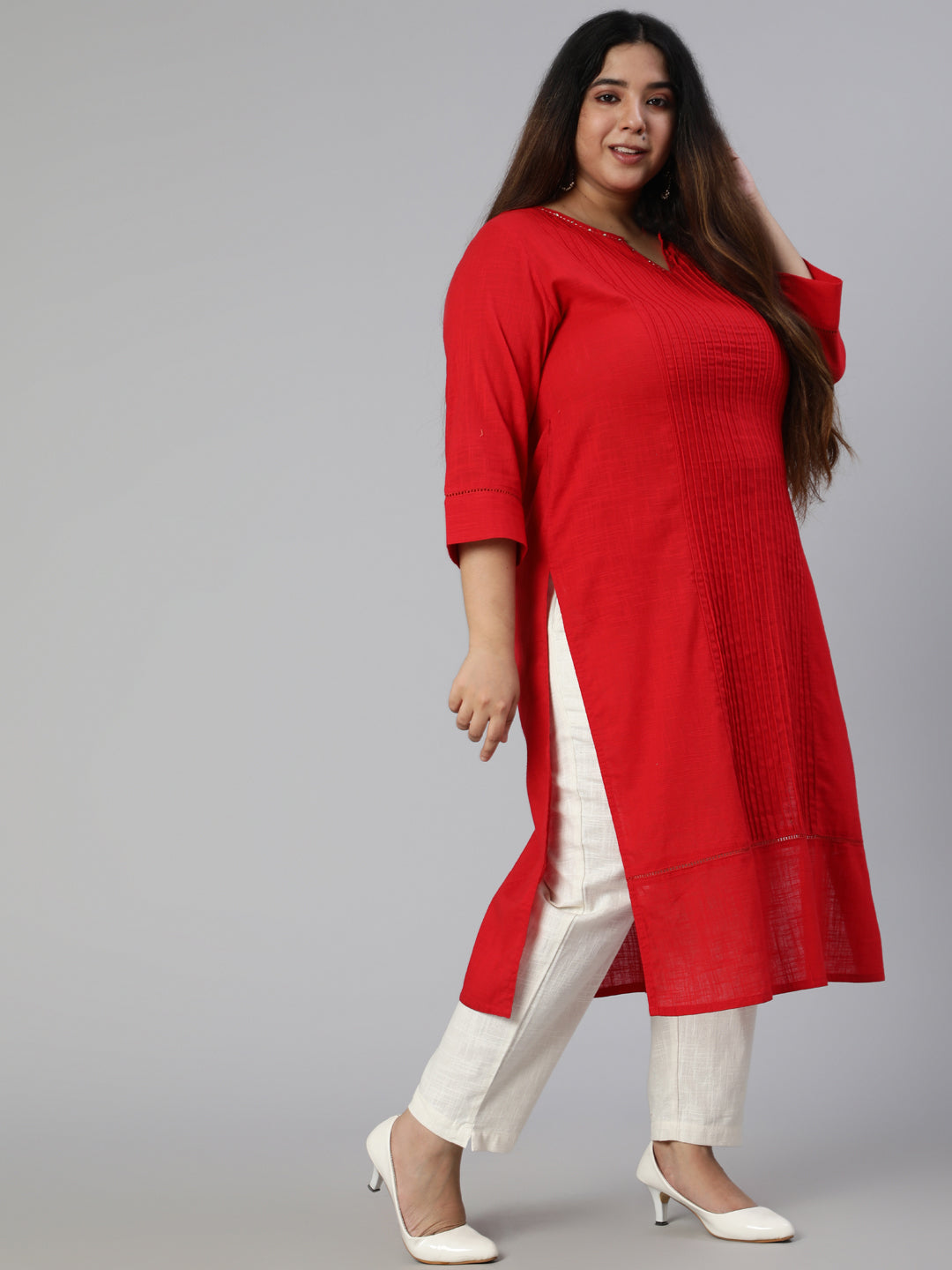 Red Cotton Pin Tucks Straight Kurta