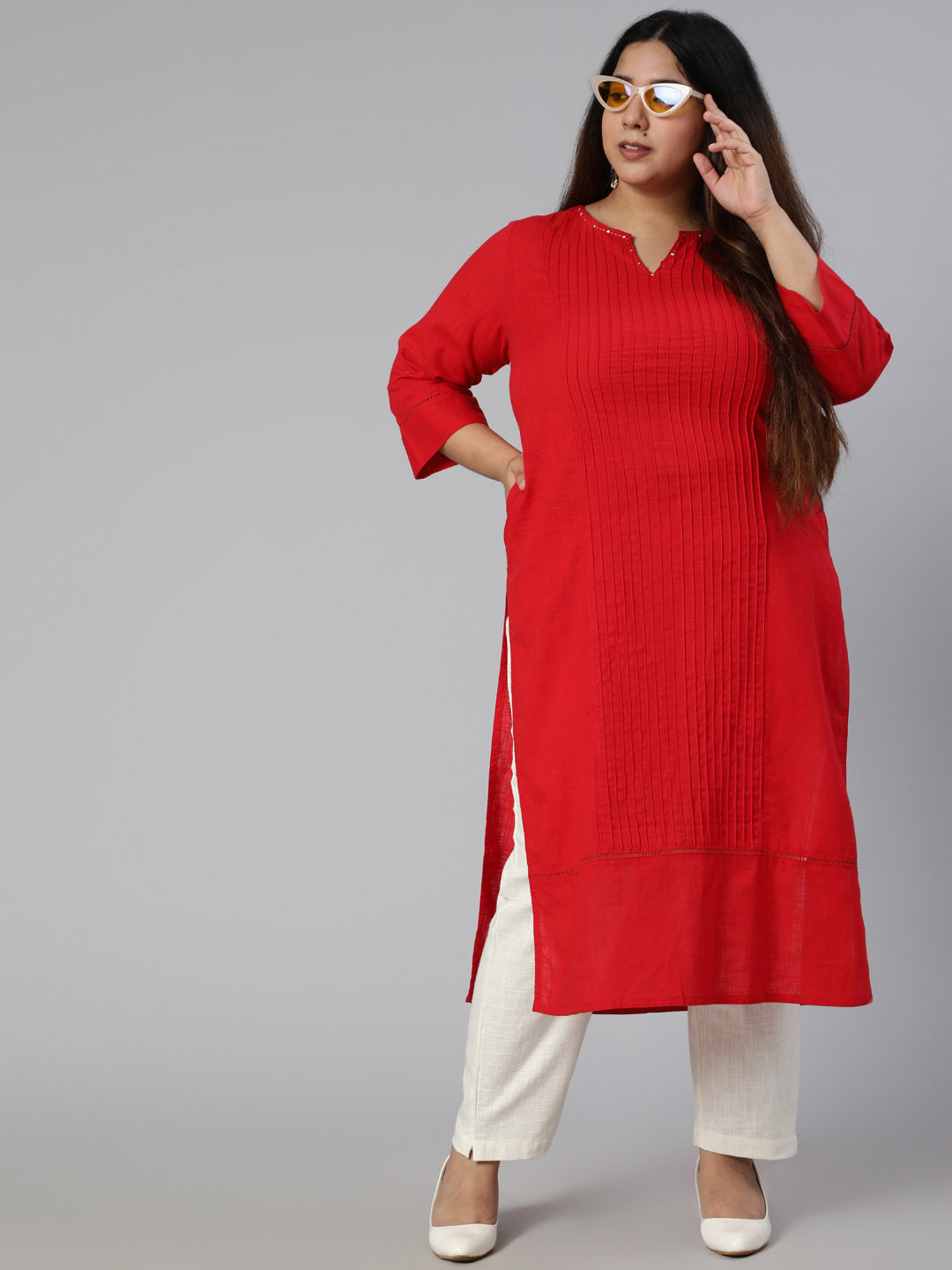 Red Cotton Pin Tucks Straight Kurta