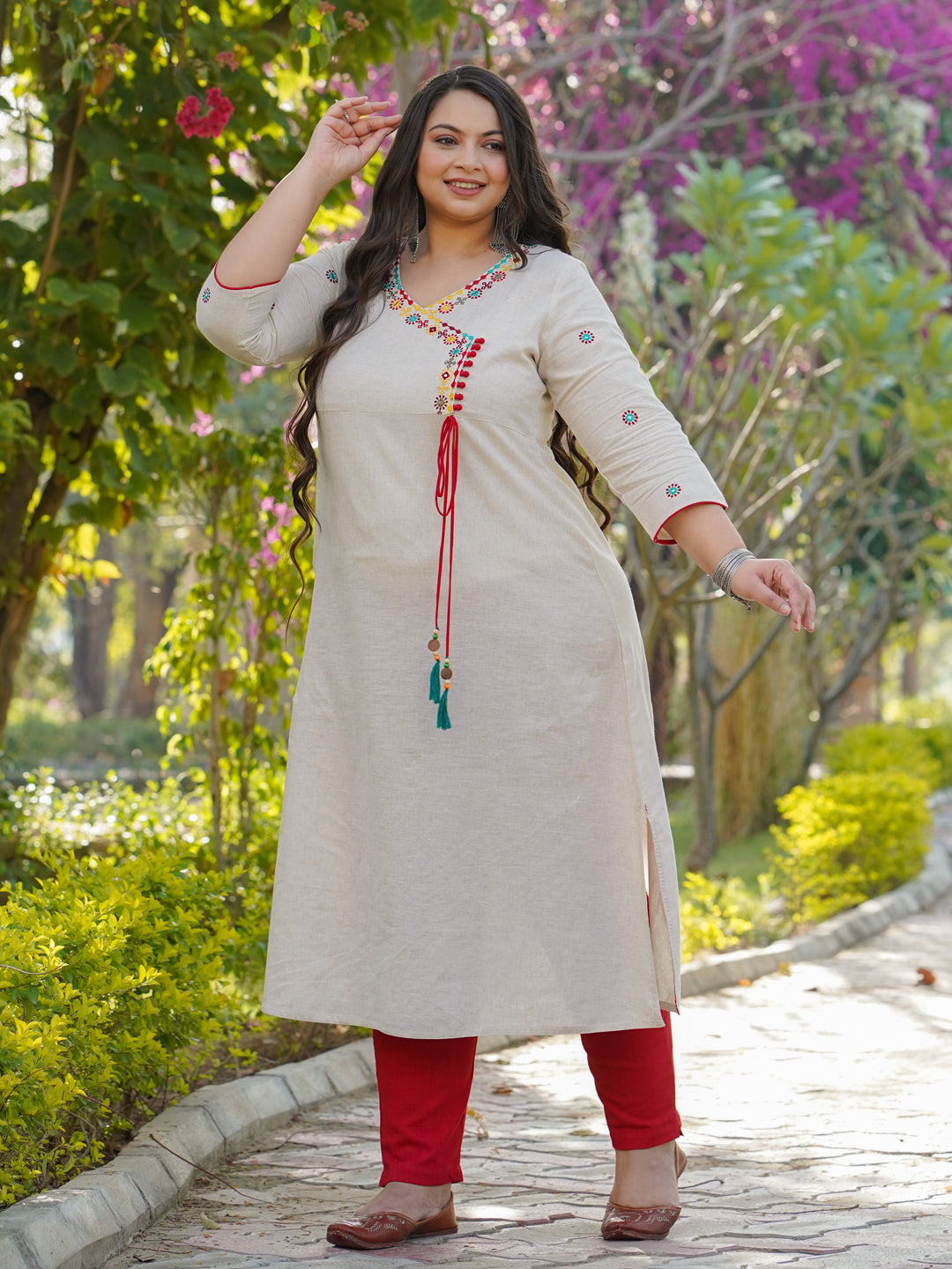 Off-White Embroidered A-Line Cotton Blend Angrakha Kurta