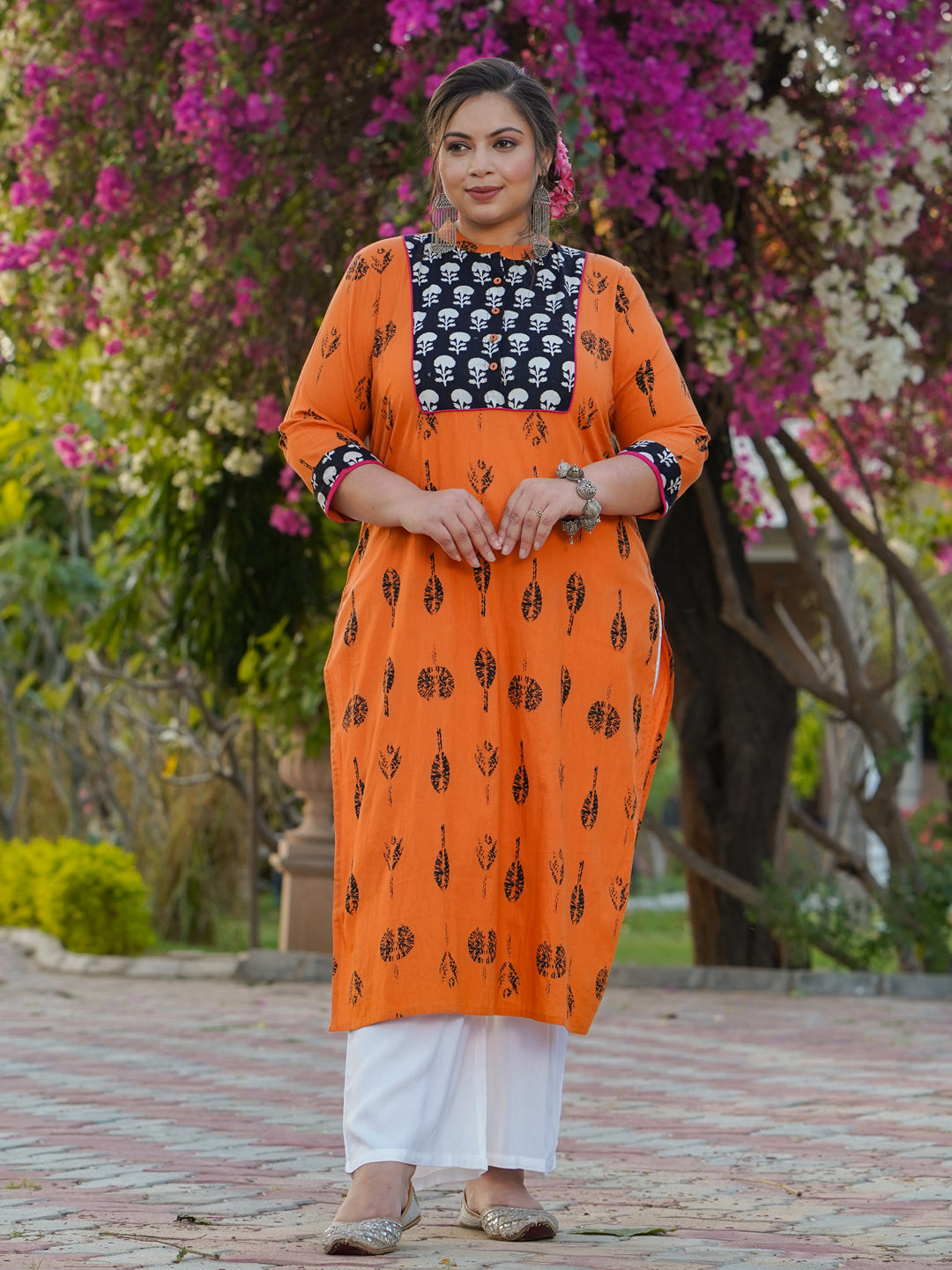 Orange And Black Printed A-Line Kurta