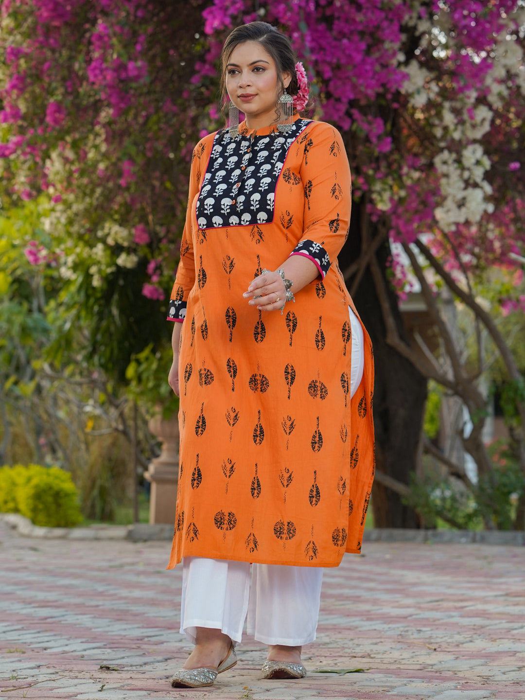 Orange And Black Printed A-Line Kurta