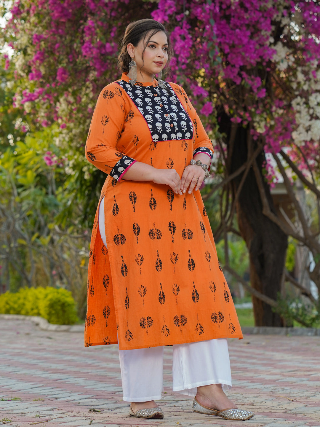 Orange And Black Printed A-Line Kurta