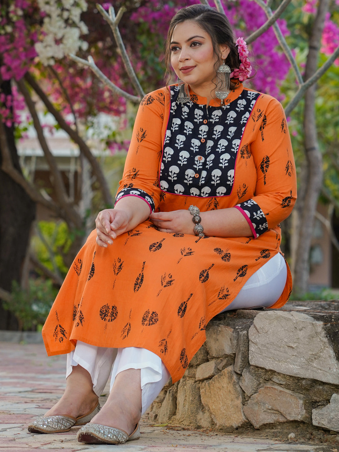 Orange And Black Printed A-Line Kurta