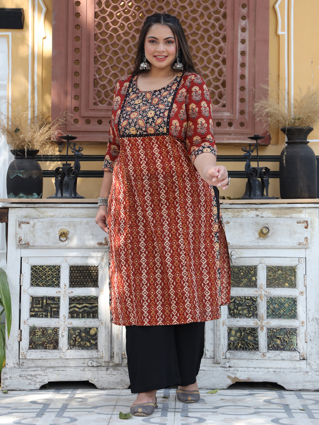 Maroon And Brown Printed Straight Kurta