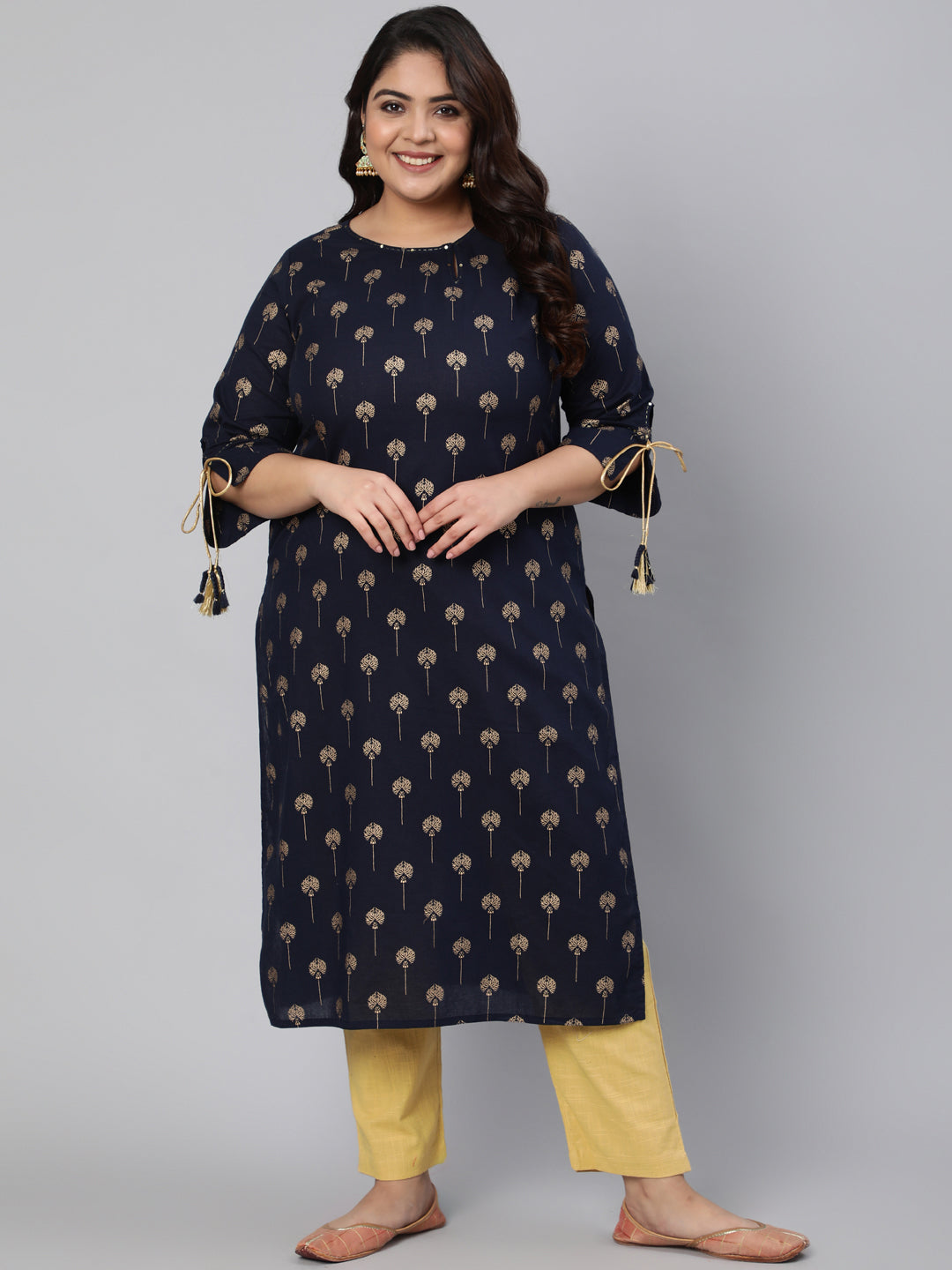 Navy Blue & Golden Ethnic Motifs Printed Keyhole Neck Sequins Kurta