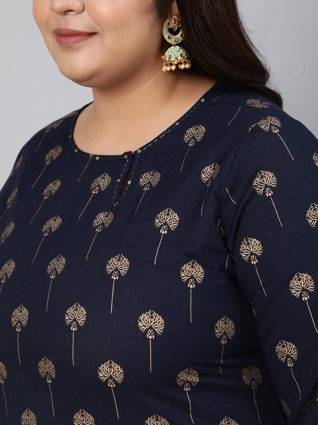 Navy Blue & Golden Ethnic Motifs Printed Keyhole Neck Sequins Kurta