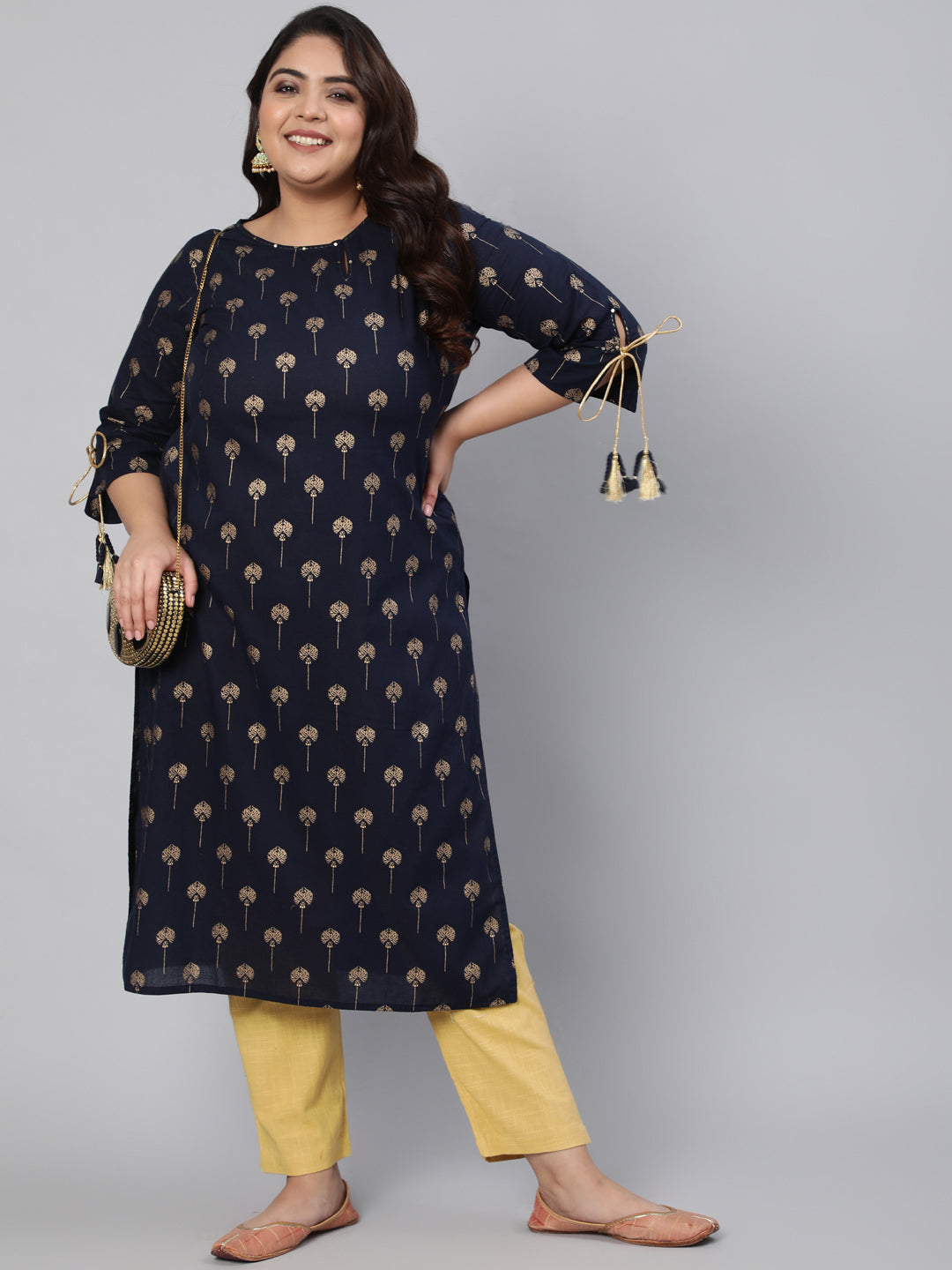 Navy Blue & Golden Ethnic Motifs Printed Keyhole Neck Sequins Kurta