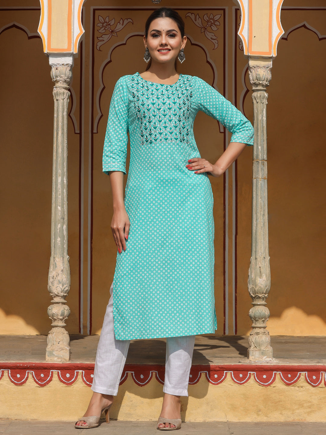Sea Green Ethnic Printed Straight Kurta With Embroidered Yoke