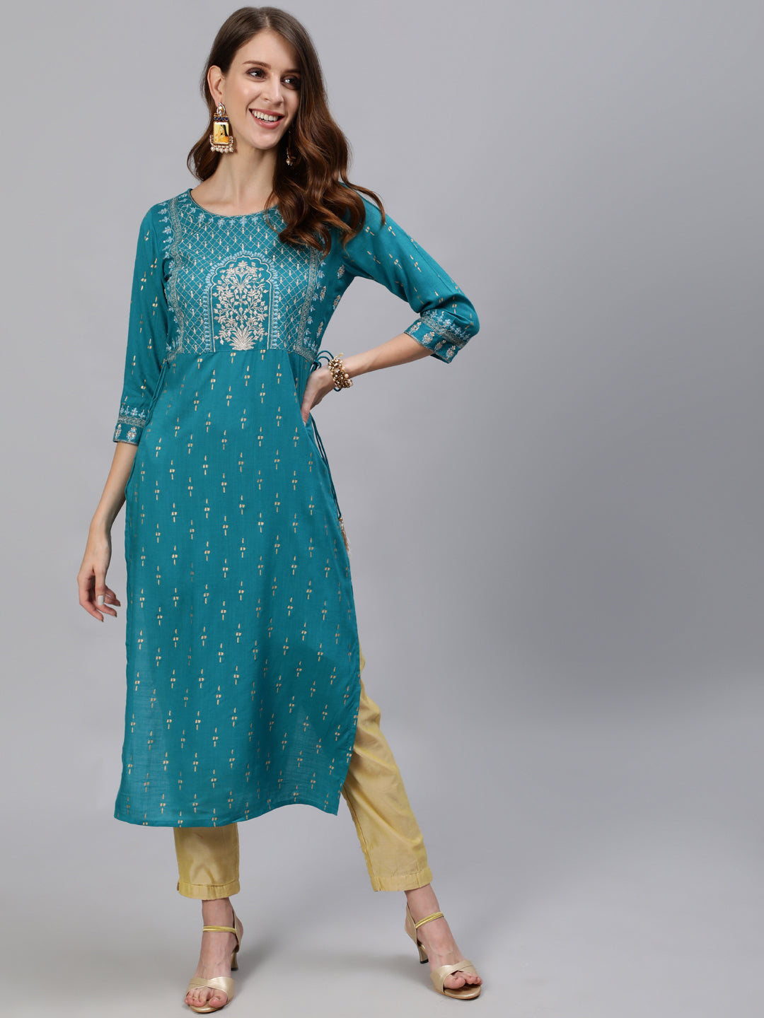 Teal Heavy Embroidered Gold Khadi Print Rayon Slub Kurta