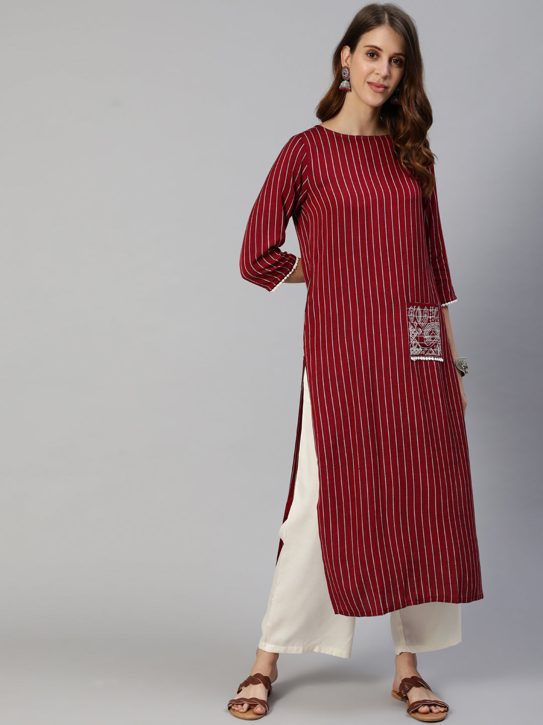 Maroon Yarn Dyed Straight Embroidered Pocket Kurta